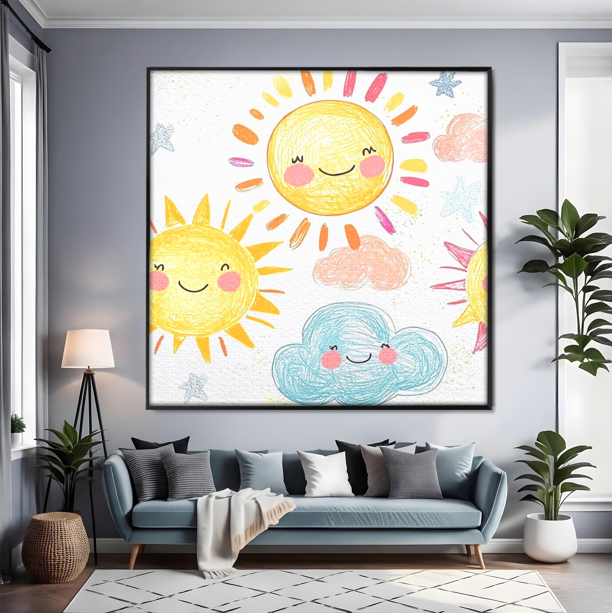 Tablou canvas cu ilustratie cu soori zambitori si nori, in rama de aluminiu negru, pe perete intr-un living