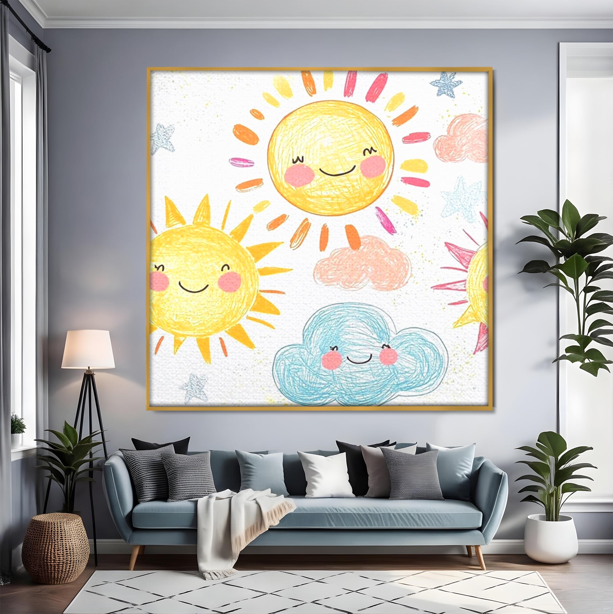 Tablou canvas cu ilustratie cu soori zambitori si nori, in rama de aluminiu auriu, pe perete intr-un living