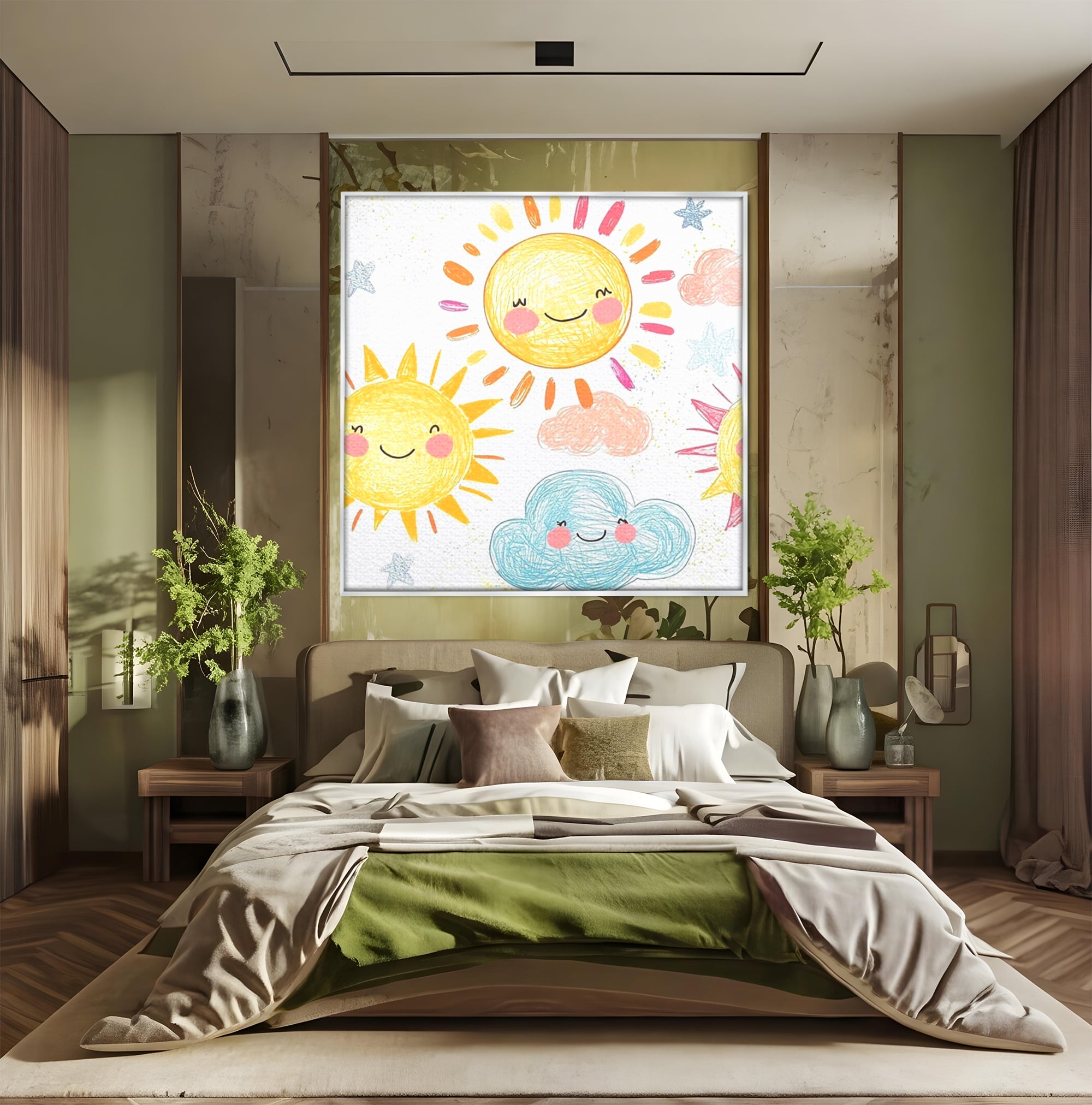 Tablou canvas cu ilustratie cu soori zambitori si nori, in rama de aluminiu argintiu, pe perete intr-un dormitor