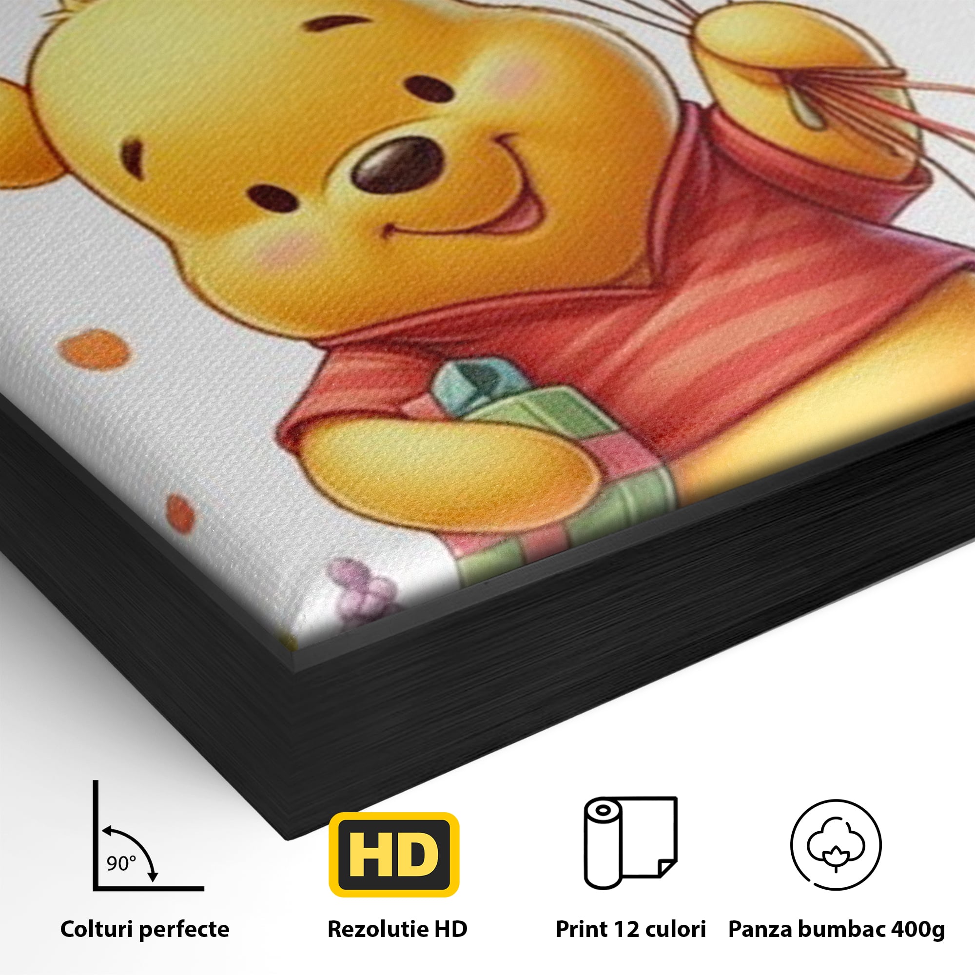 Detaliu al suprafetei: tablou canvas cu winnie the pooh, in rama de aluminiu negru