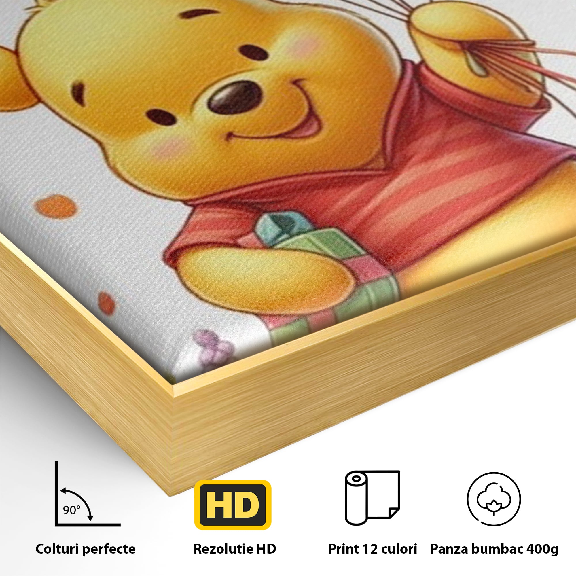 Detaliu al suprafetei: tablou canvas cu winnie the pooh, in rama de aluminiu auriu
