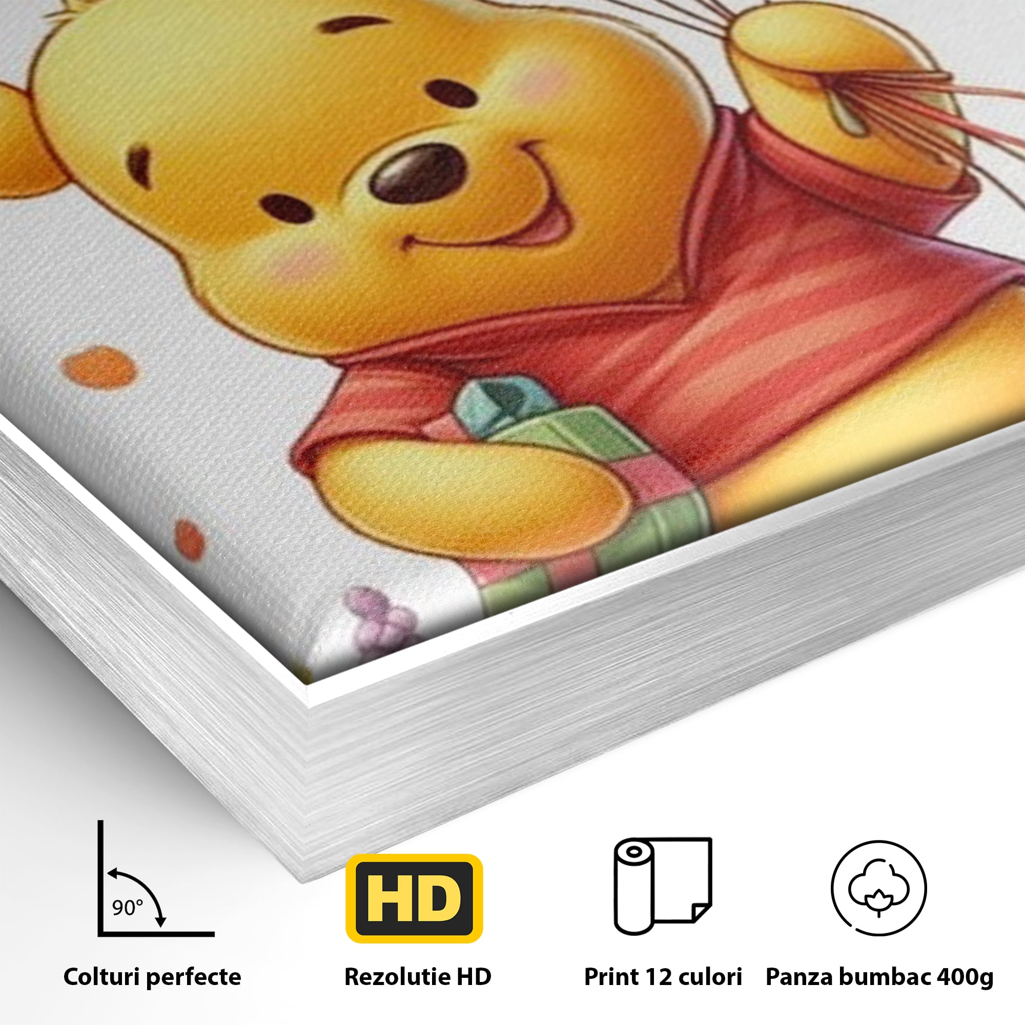 Detaliu al suprafetei: tablou canvas cu winnie the pooh, in rama de aluminiu argintiu
