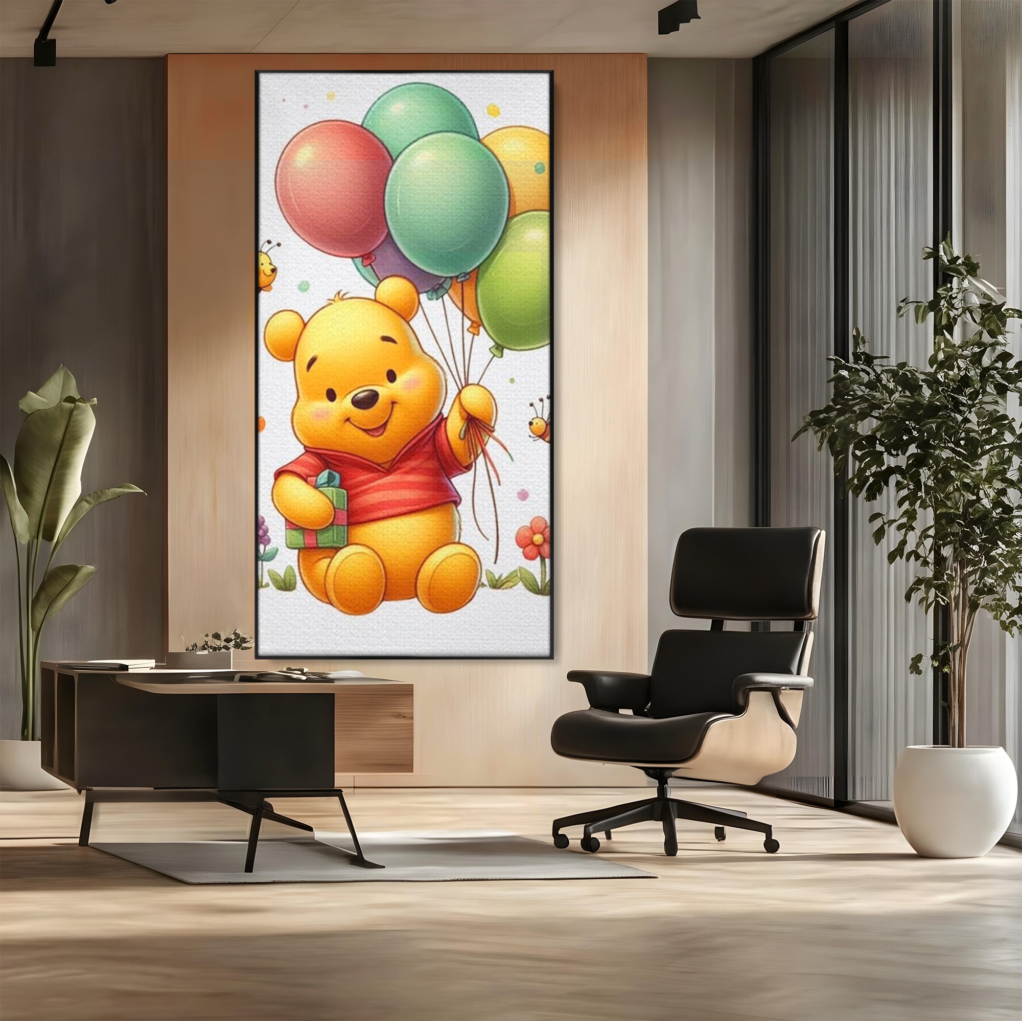 Tablou canvas cu tablou canvas cu winnie the pooh, in rama de aluminiu negru, pe perete intr-un birou
