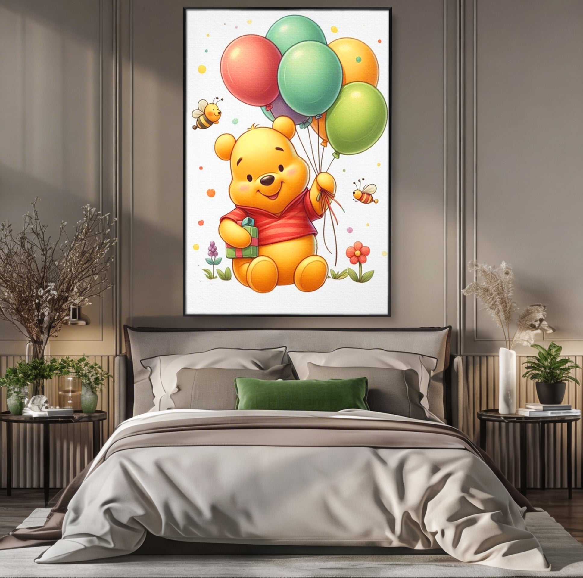 Tablou canvas cu tablou canvas cu winnie the pooh, in rama de aluminiu negru, pe perete intr-un dormitor
