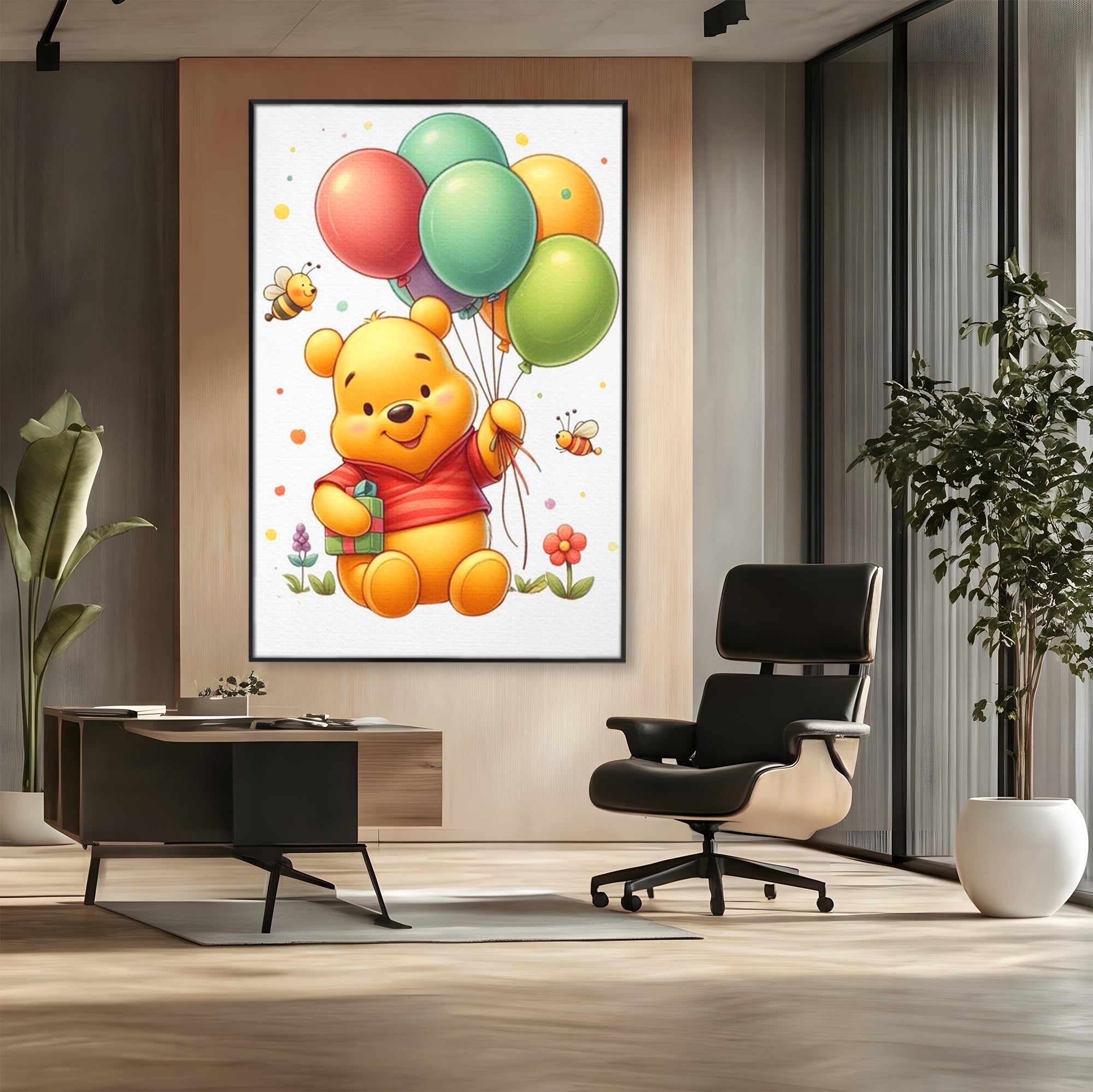 Tablou canvas cu tablou canvas cu winnie the pooh, in rama de aluminiu negru, pe perete intr-un birou