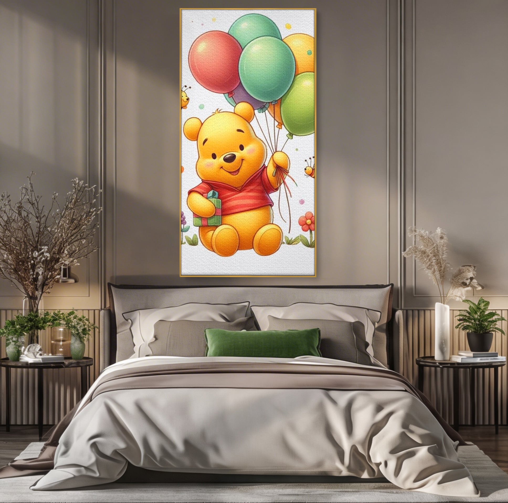 Tablou canvas cu tablou canvas cu winnie the pooh, in rama de aluminiu auriu, pe perete intr-un dormitor