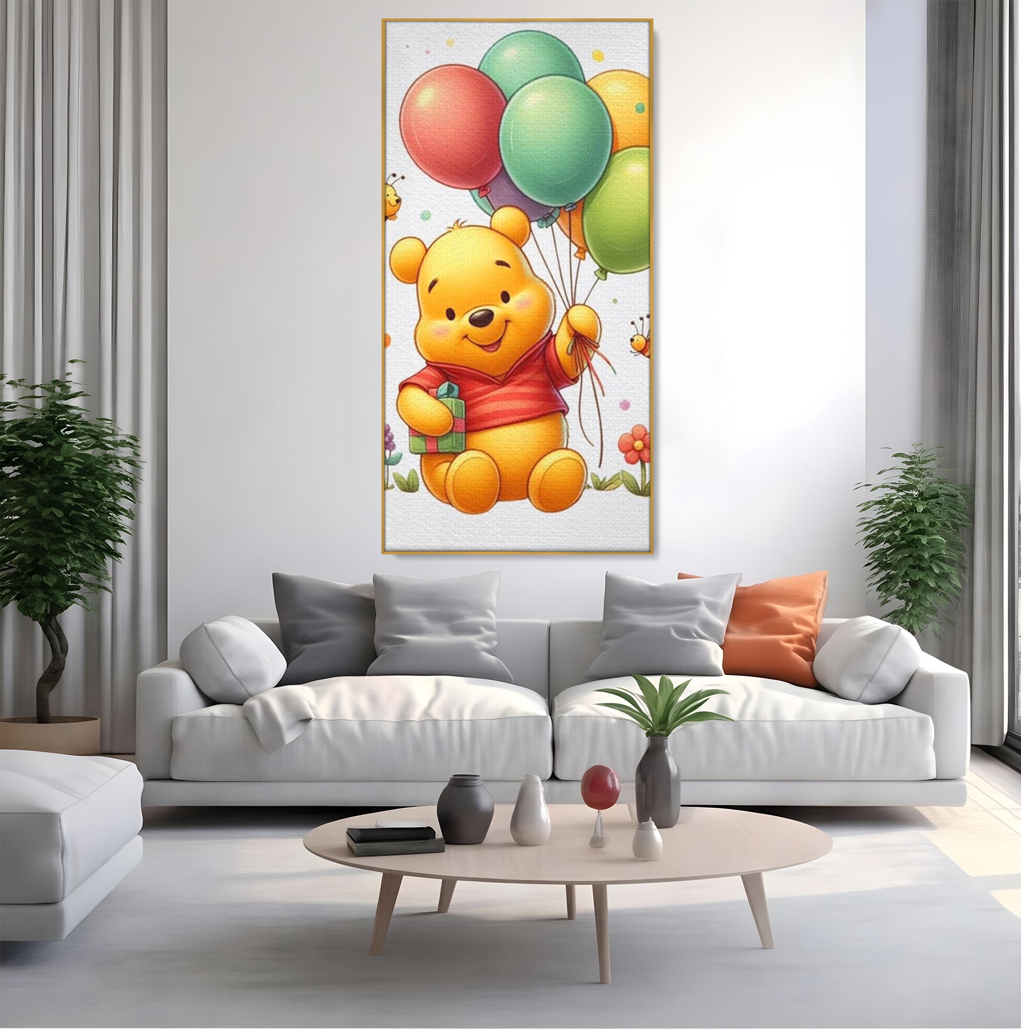 Tablou canvas cu tablou canvas cu winnie the pooh, in rama de aluminiu auriu, pe perete intr-un living