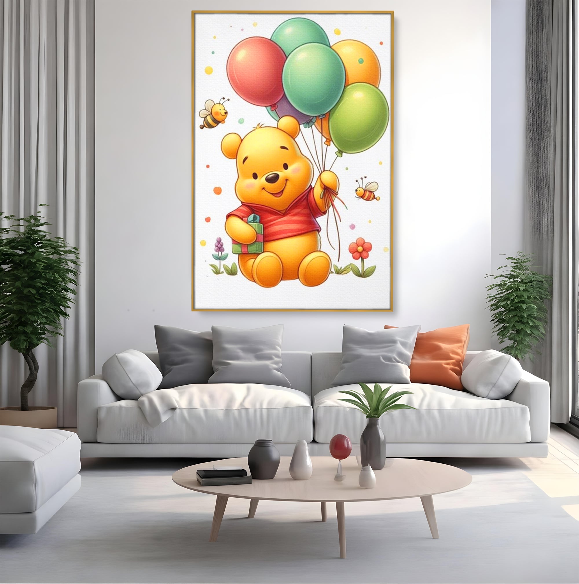 Tablou canvas cu tablou canvas cu winnie the pooh, in rama de aluminiu auriu, pe perete intr-un living