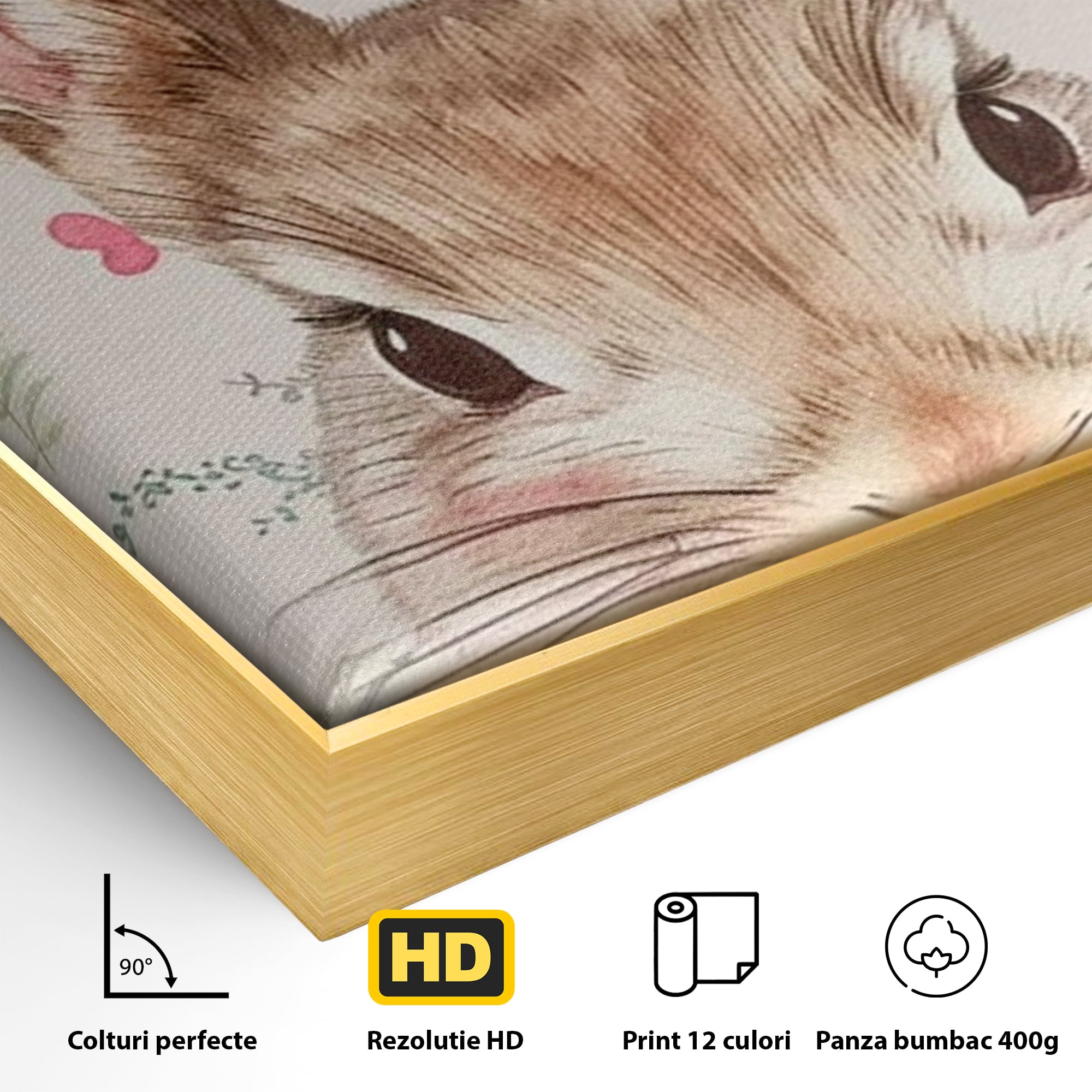 Detaliu al suprafetei: tablou canvas cu iepure dandy, in rama de aluminiu auriu