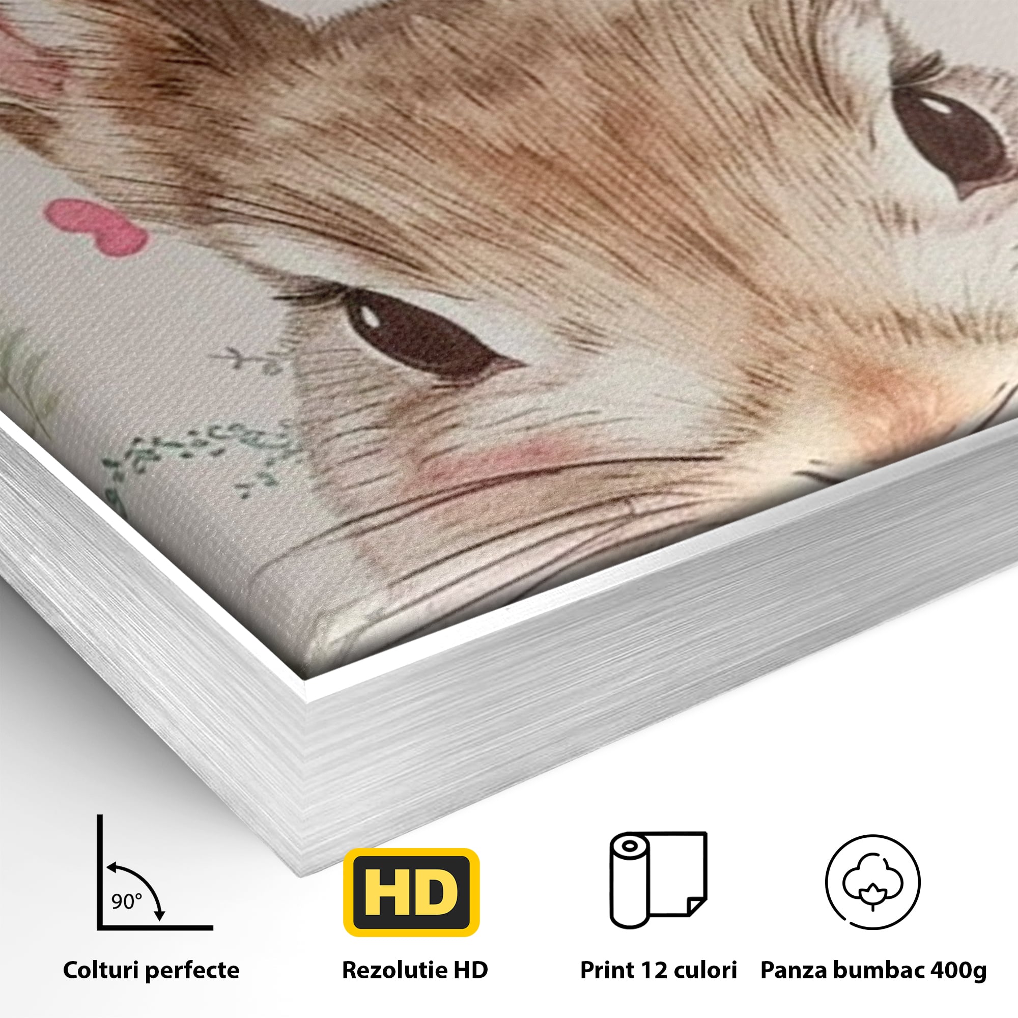 Detaliu al suprafetei: tablou canvas cu iepure dandy, in rama de aluminiu argintiu