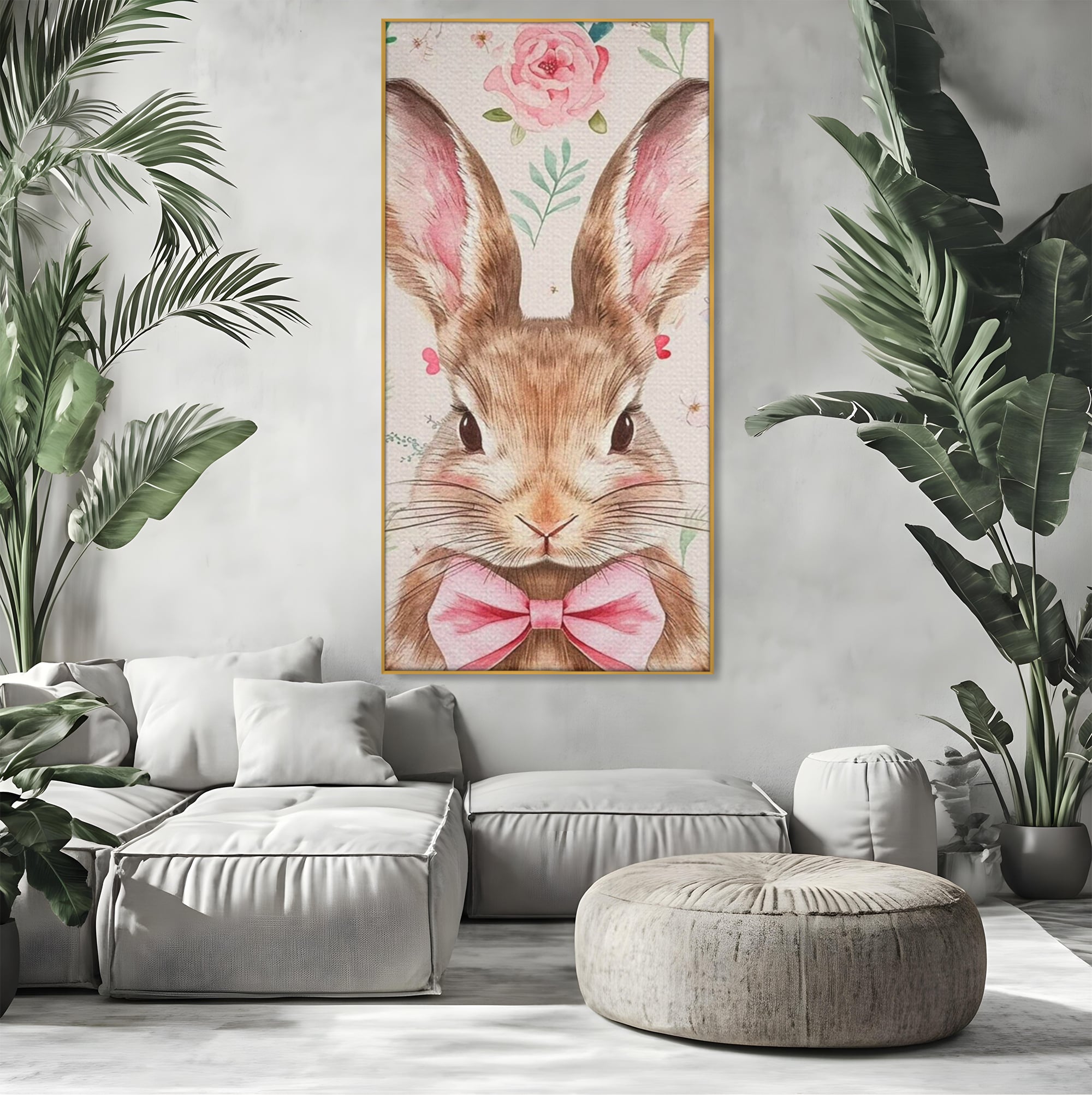 Tablou canvas cu tablou canvas cu iepure dandy, in rama de aluminiu auriu, pe perete intr-un living