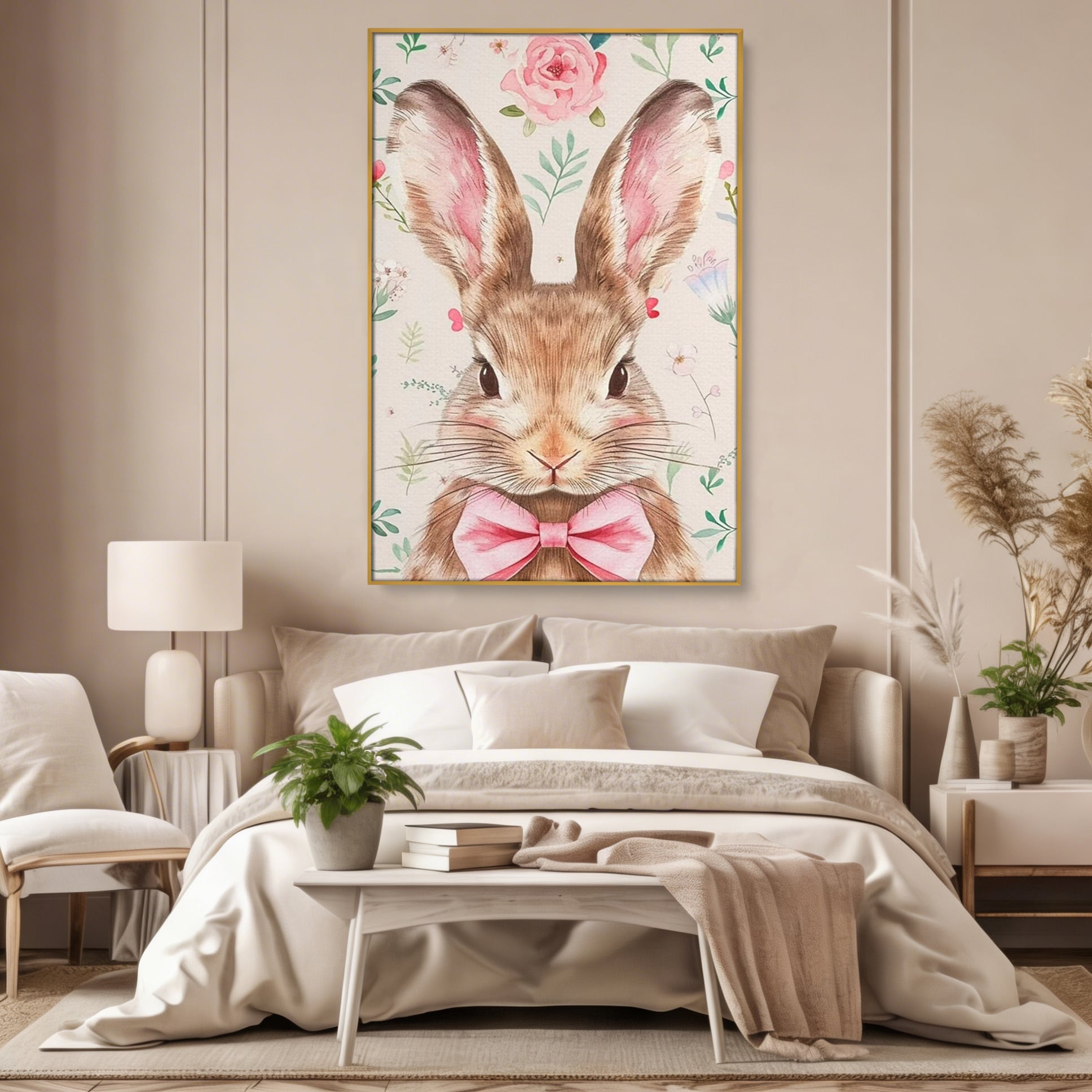 Tablou canvas cu tablou canvas cu iepure dandy, in rama de aluminiu auriu, pe perete intr-un dormitor