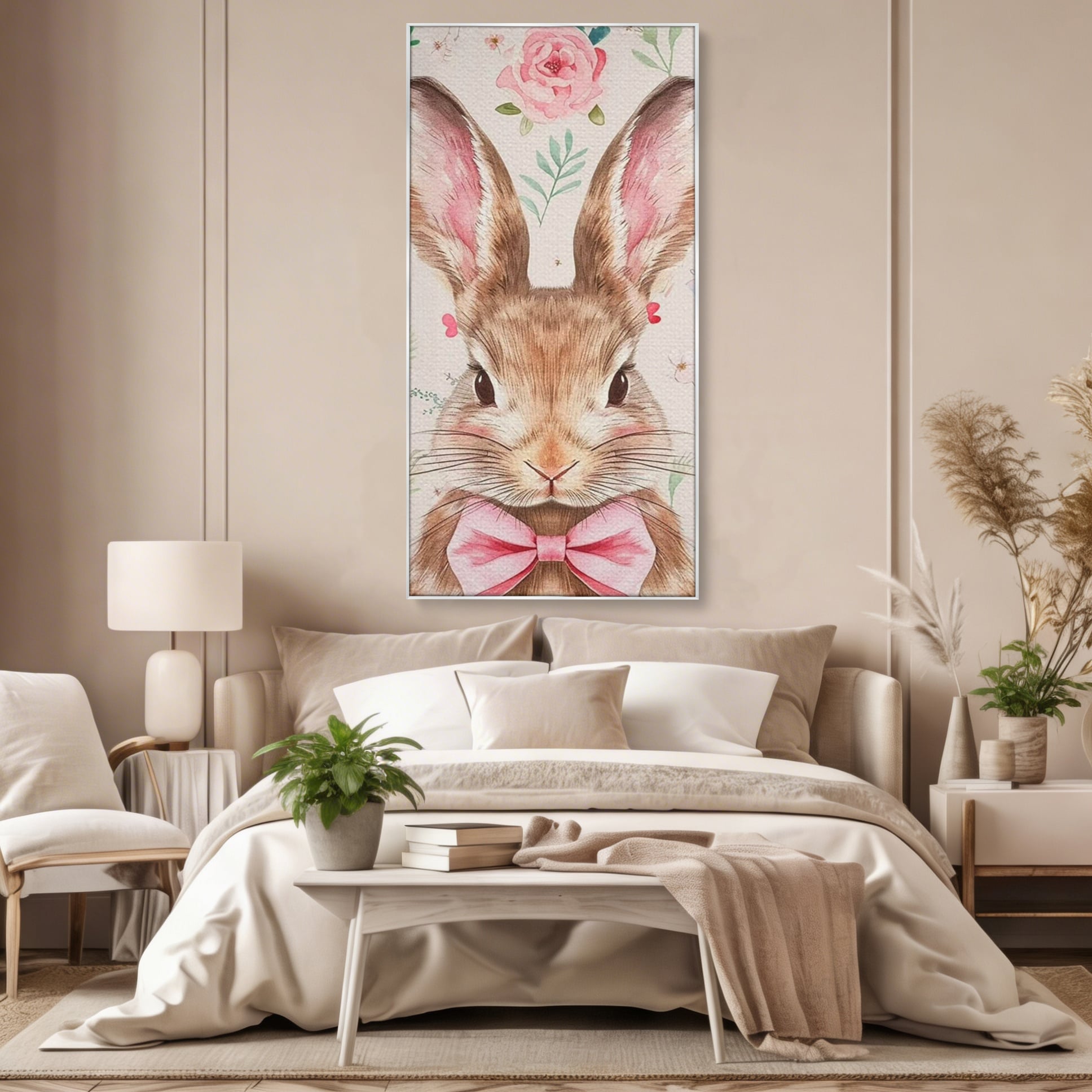 Tablou canvas cu tablou canvas cu iepure dandy, in rama de aluminiu argintiu, pe perete intr-un dormitor