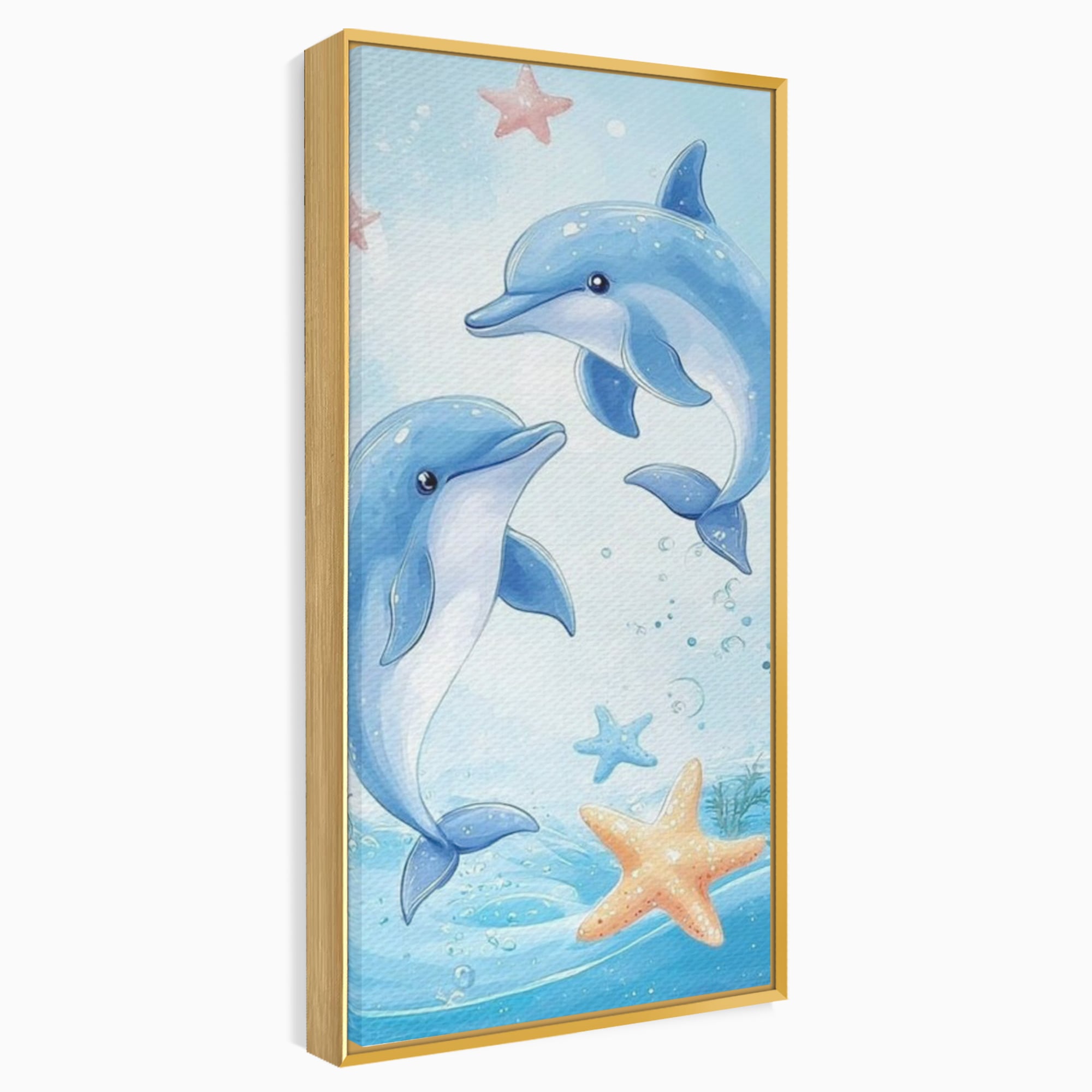Tablou canvas cu ilustratie cu doi delfini jucausi, in rama de aluminiu auriu