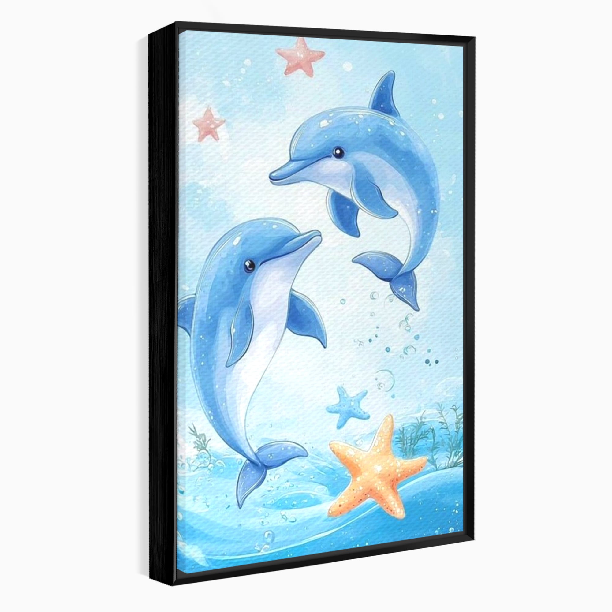 Tablou canvas cu ilustratie cu doi delfini jucausi, in rama de aluminiu negru