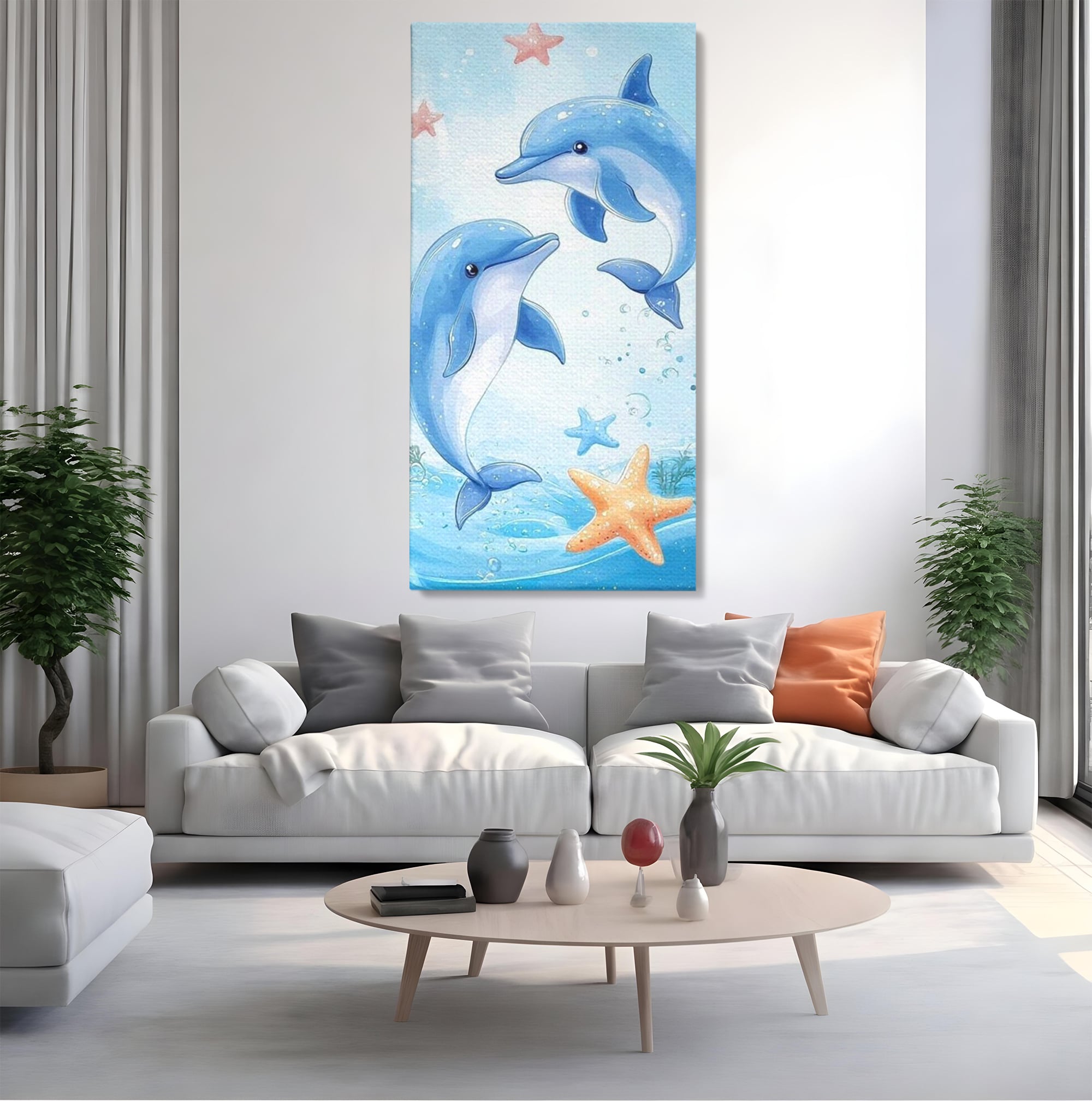 Tablou canvas cu ilustratie cu doi delfini jucausi, fara rama, pe sasiu de lemn, pe perete intr-un living