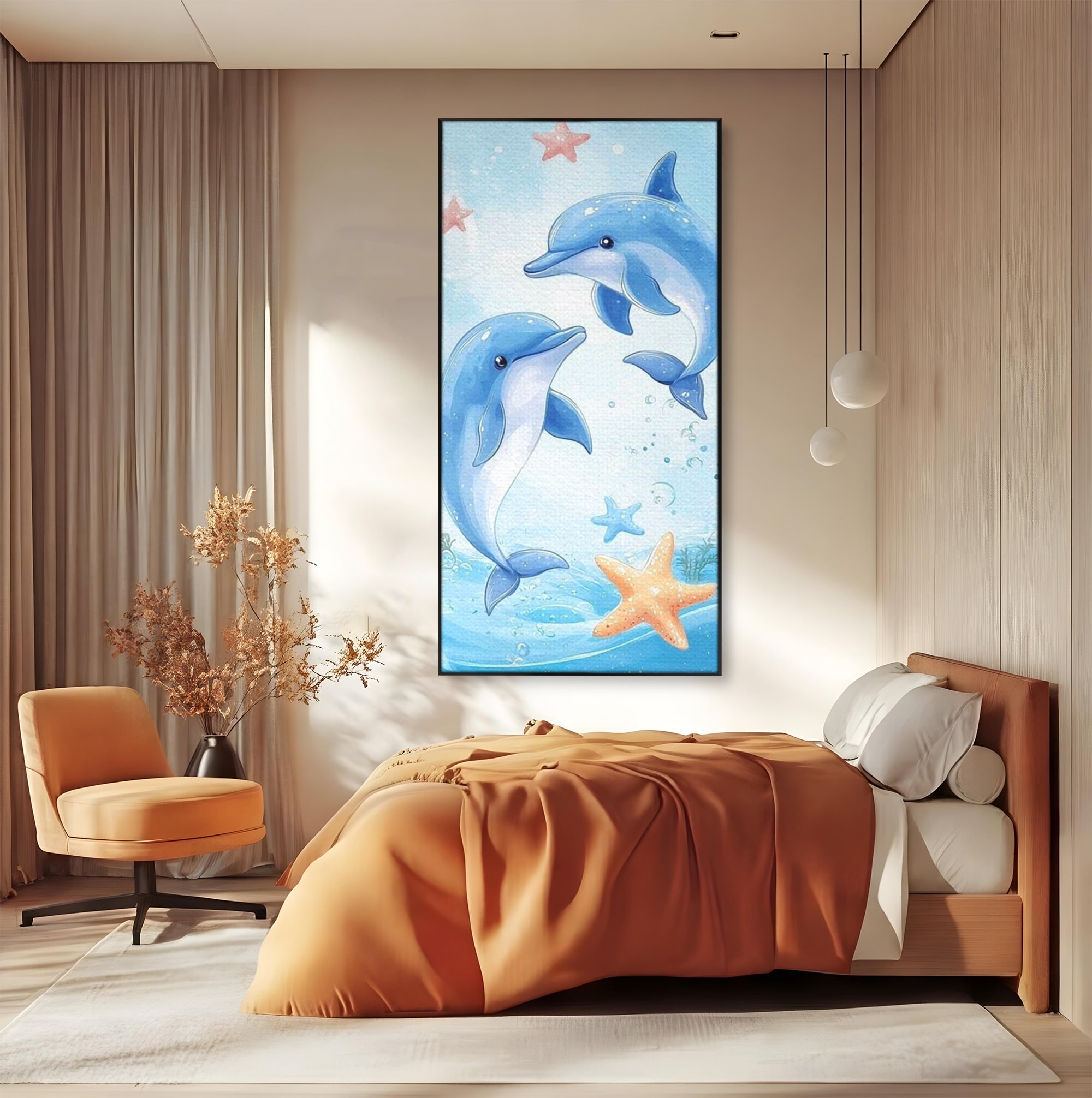 Tablou canvas cu ilustratie cu doi delfini jucausi, in rama de aluminiu negru, pe perete intr-un dormitor