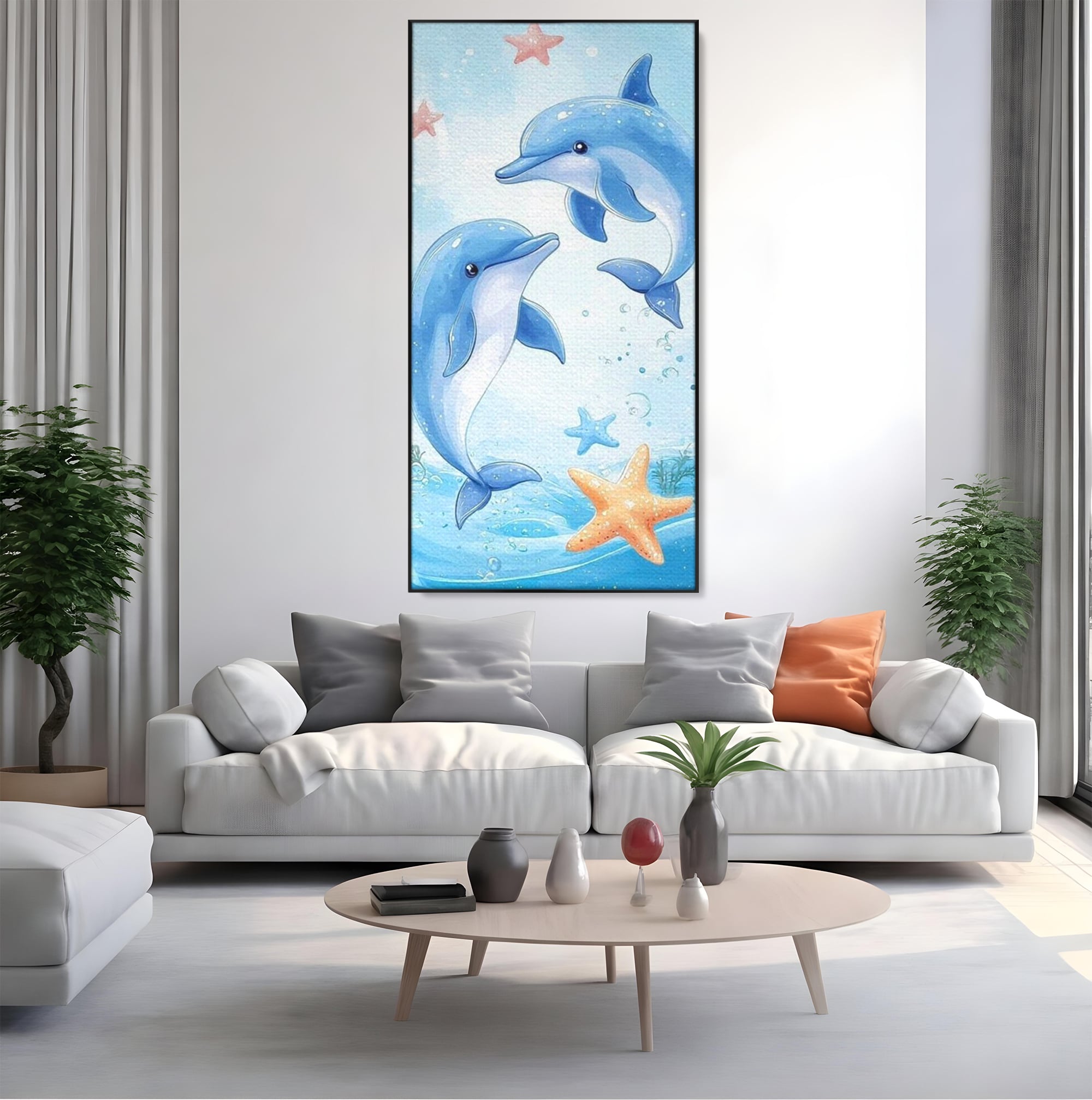 Tablou canvas cu ilustratie cu doi delfini jucausi, in rama de aluminiu negru, pe perete intr-un living