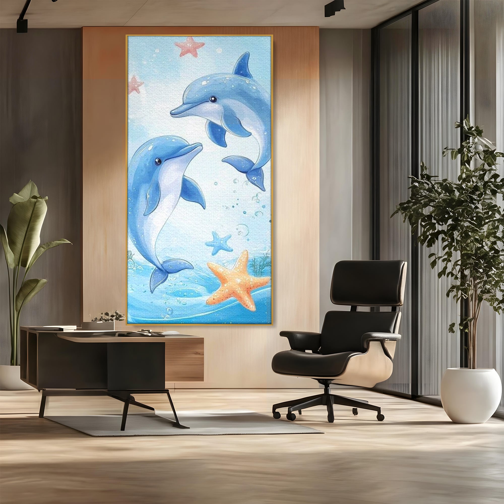 Tablou canvas cu ilustratie cu doi delfini jucausi, in rama de aluminiu auriu, pe perete intr-un birou