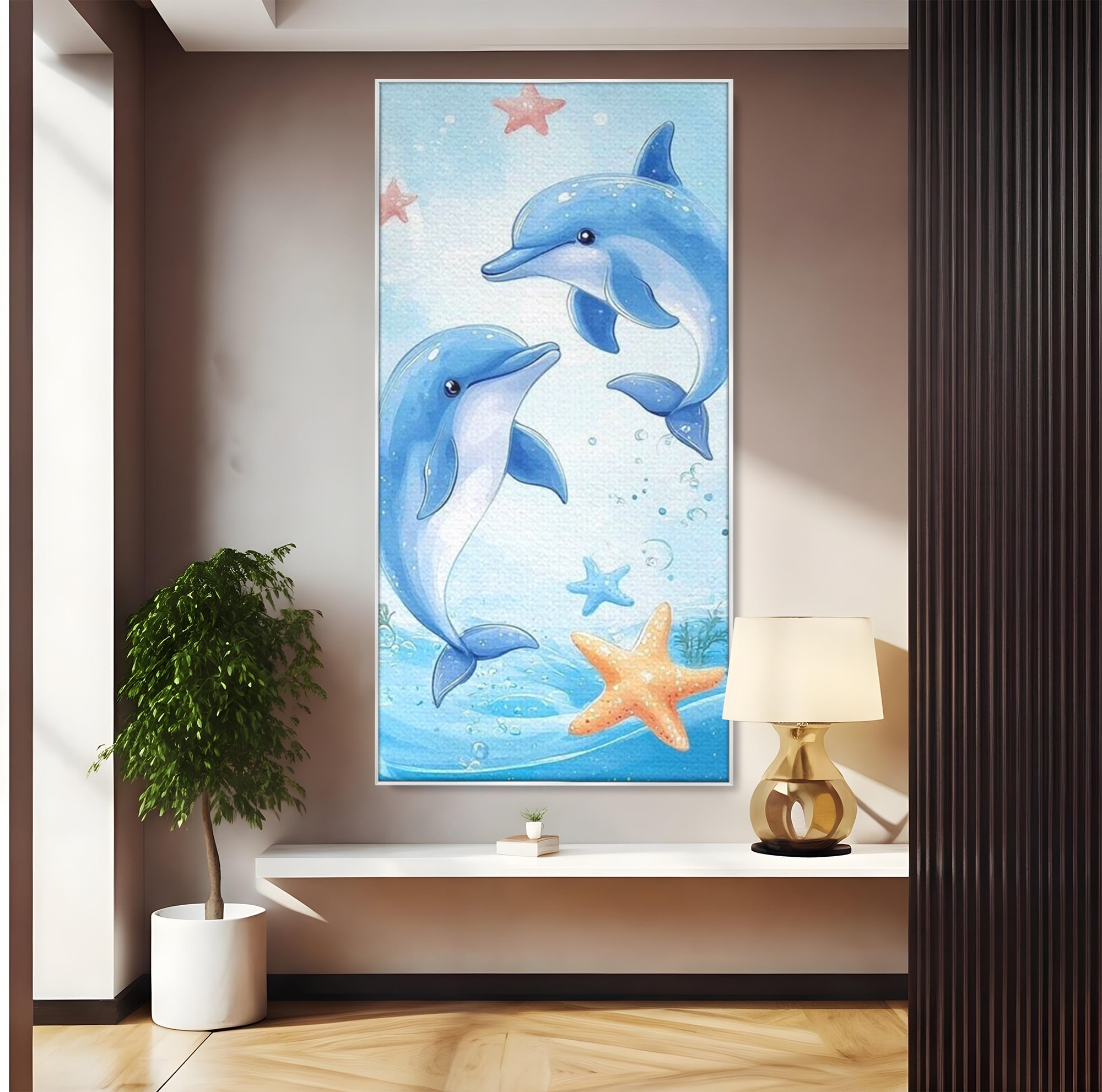 Tablou canvas cu ilustratie cu doi delfini jucausi, in rama de aluminiu argintiu