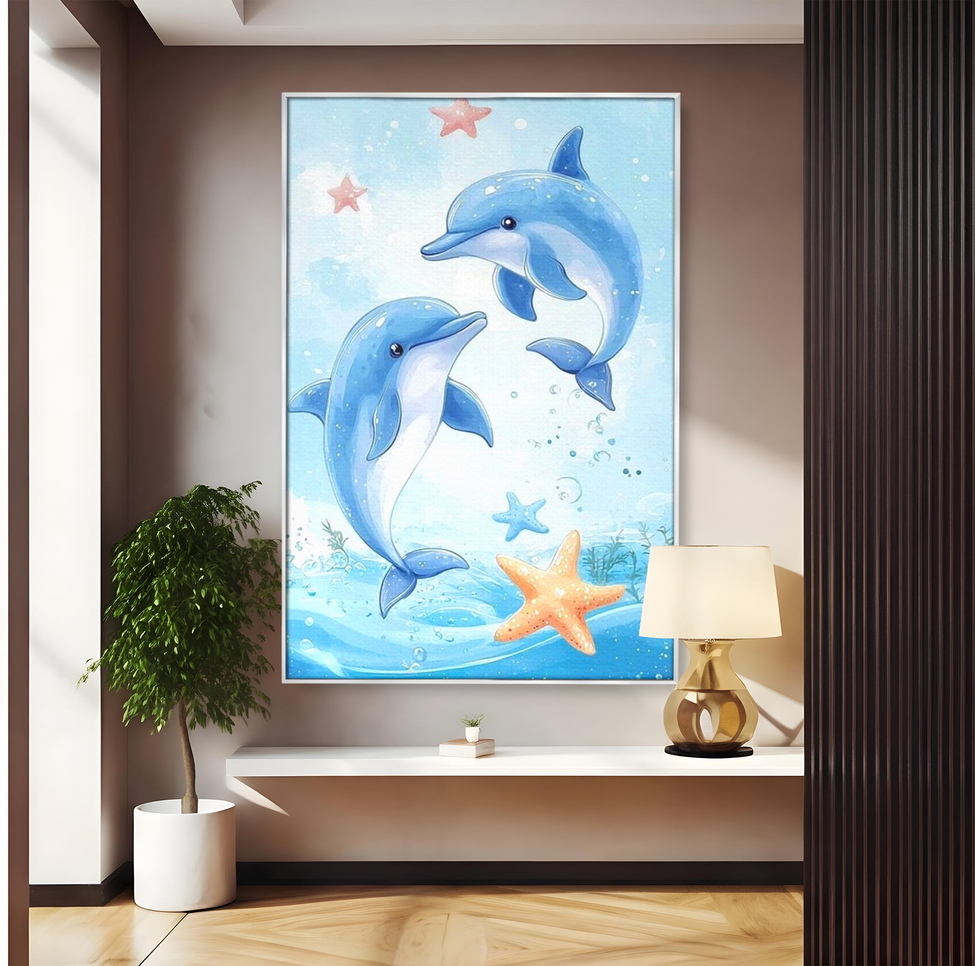 Tablou canvas cu ilustratie cu doi delfini jucausi, in rama de aluminiu argintiu