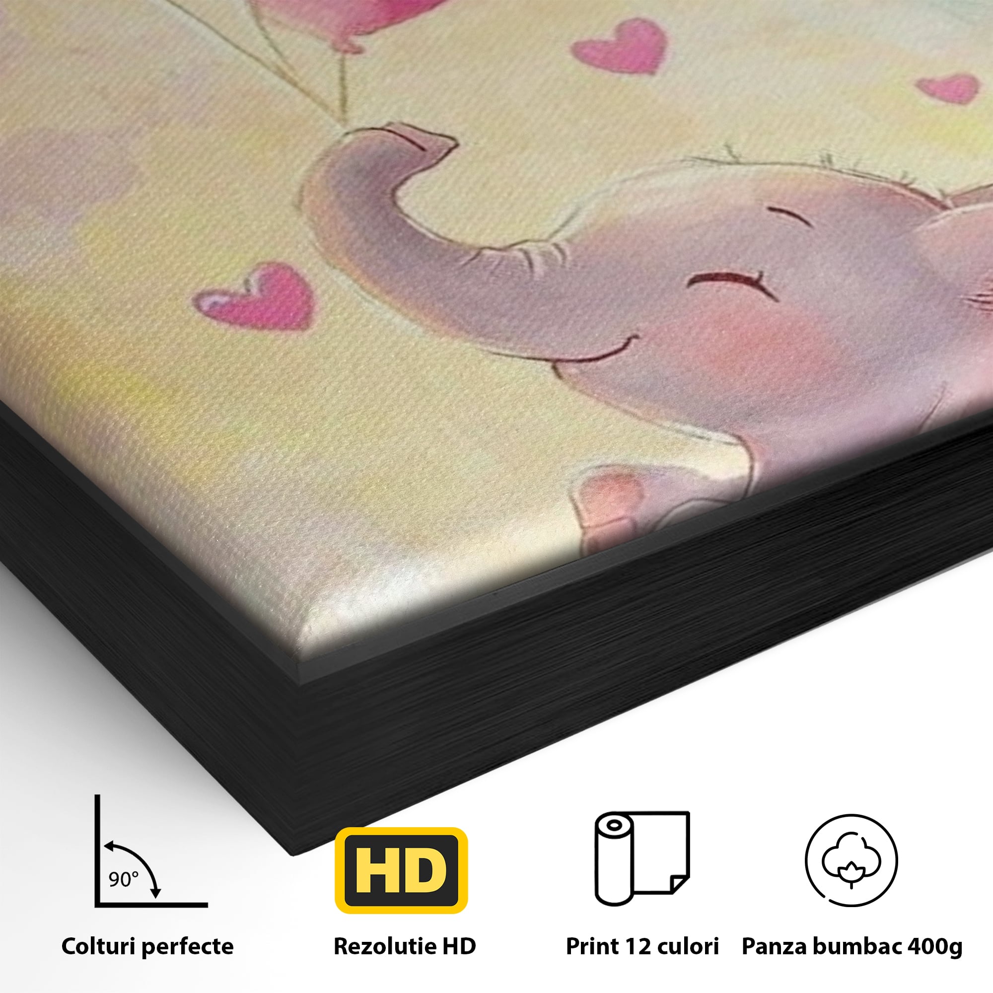 Detaliu al suprafetei: tablou canvas cu pui de elefant, in rama de aluminiu negru