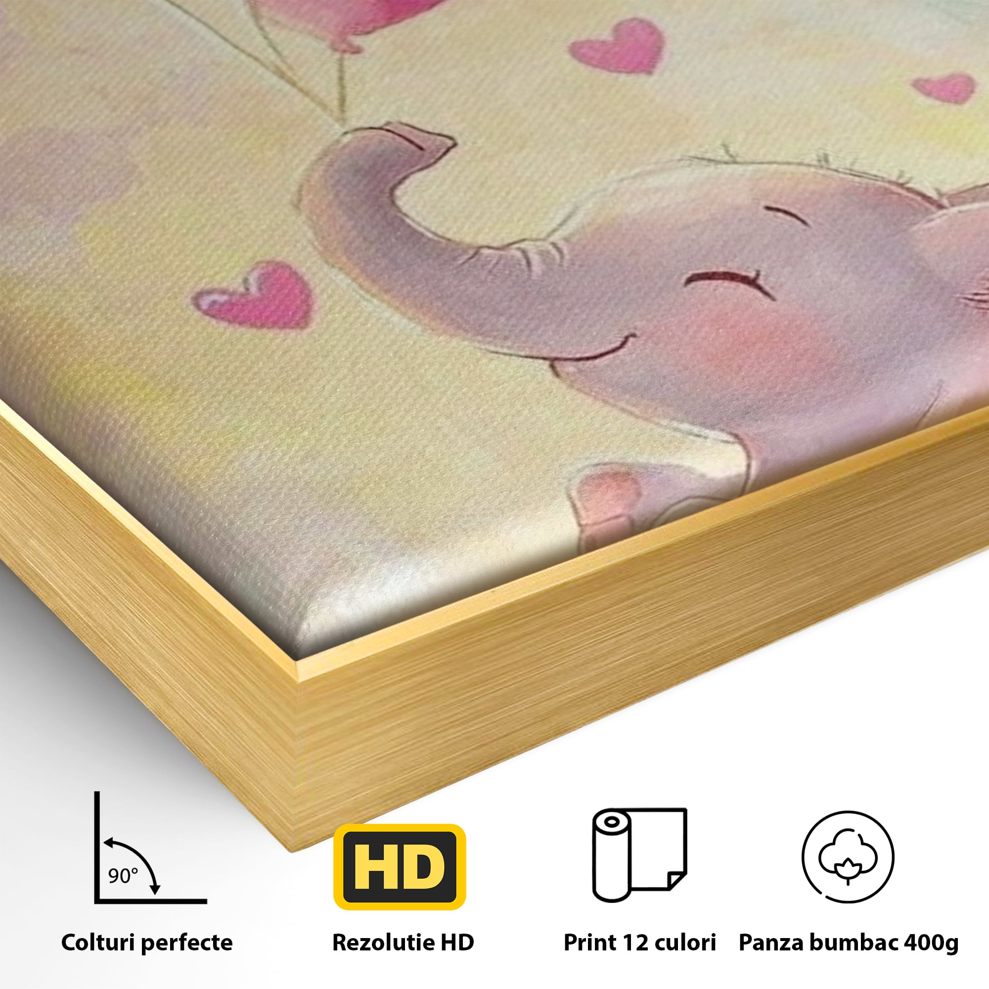 Detaliu al suprafetei: tablou canvas cu pui de elefant, in rama de aluminiu auriu