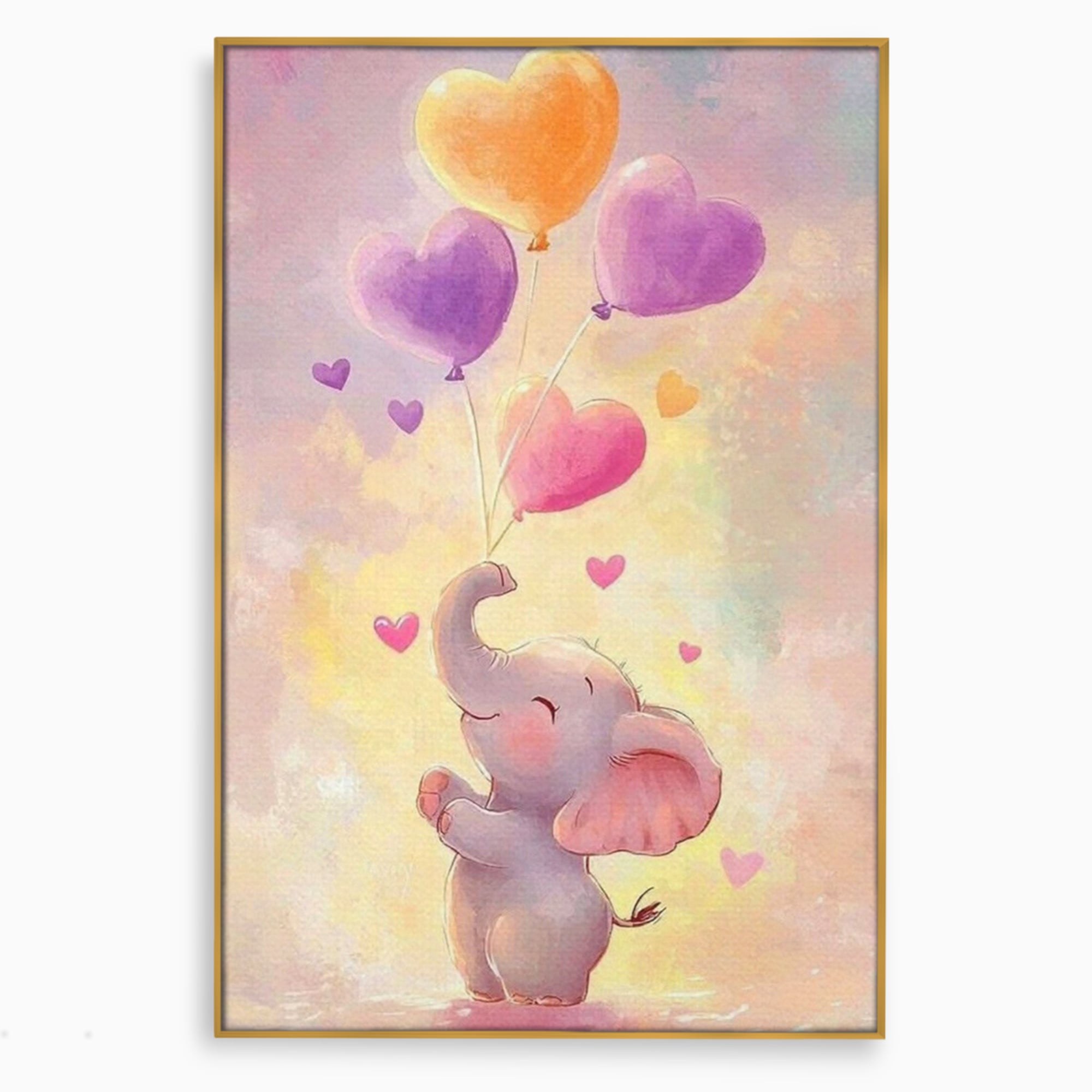 Tablou canvas cu tablou canvas cu pui de elefant, in rama de aluminiu auriu