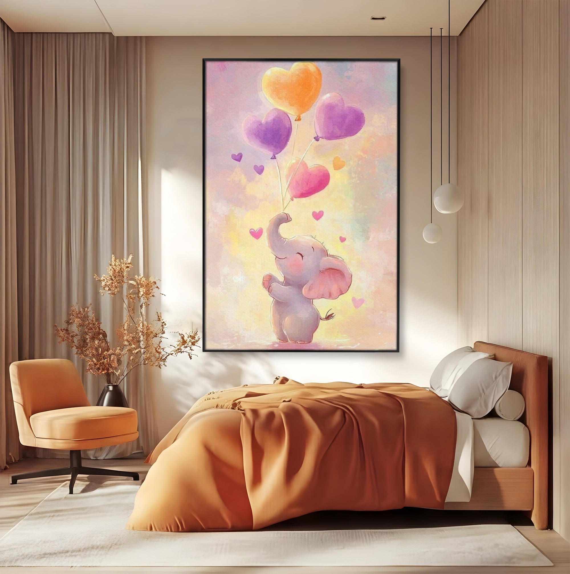 Tablou canvas cu tablou canvas cu pui de elefant, in rama de aluminiu negru, pe perete intr-un dormitor