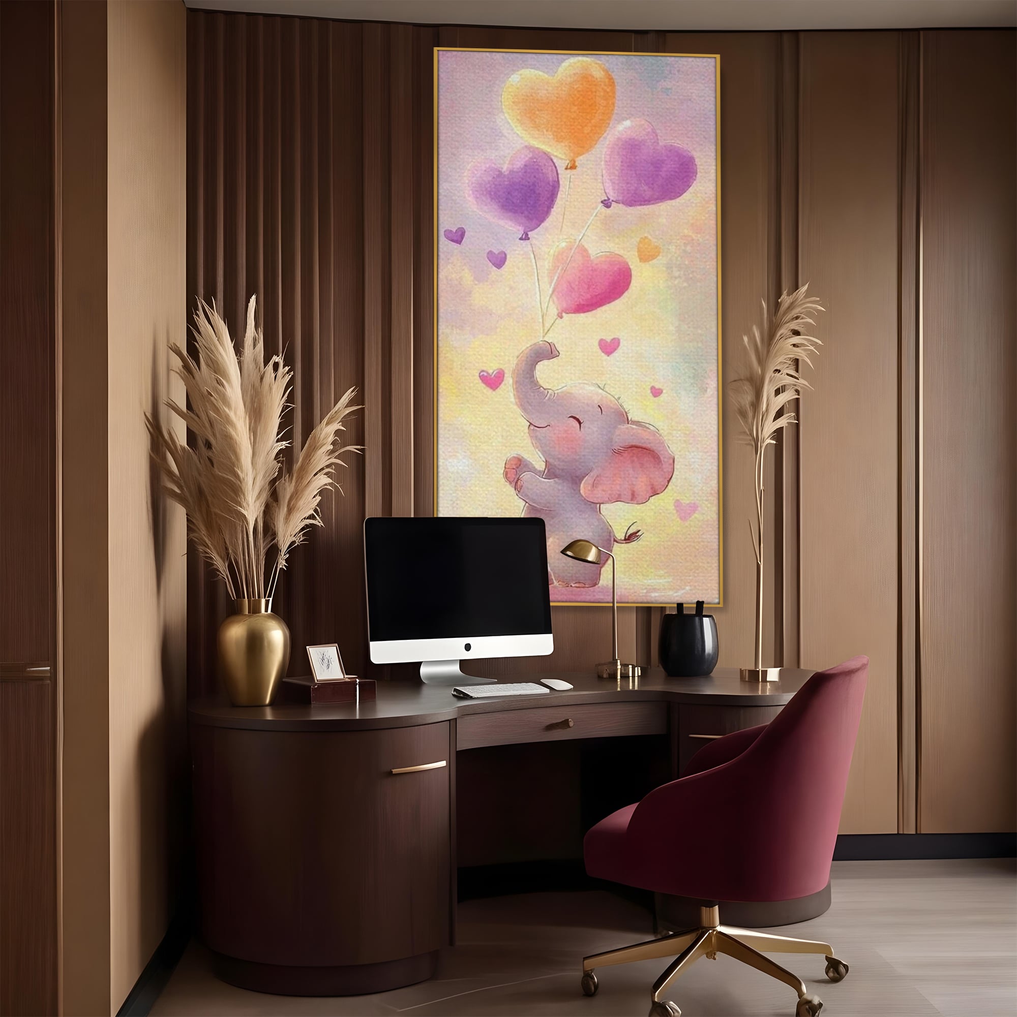 Tablou canvas cu tablou canvas cu pui de elefant, in rama de aluminiu auriu, pe perete intr-un birou