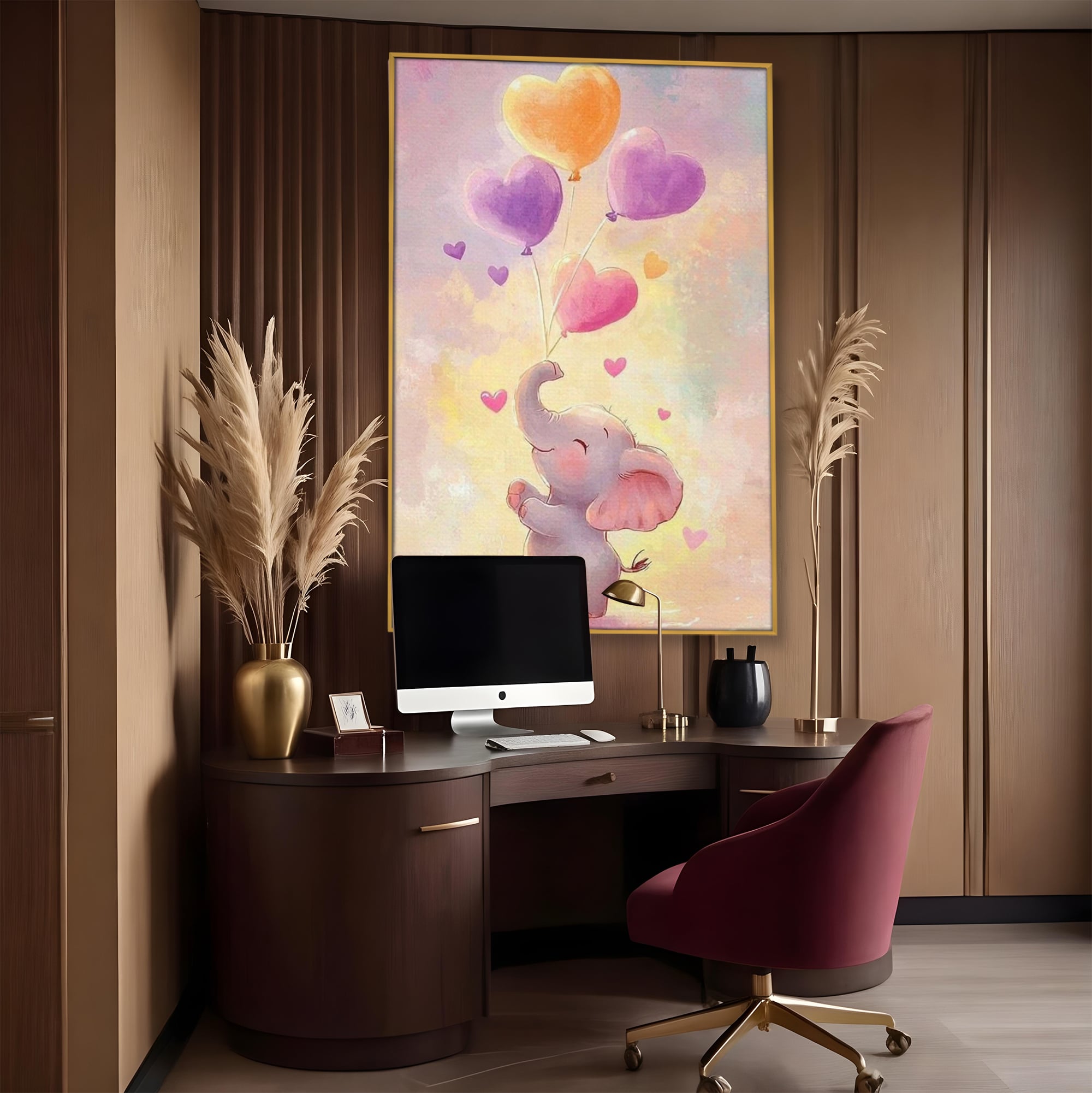 Tablou canvas cu tablou canvas cu pui de elefant, in rama de aluminiu auriu, pe perete intr-un birou