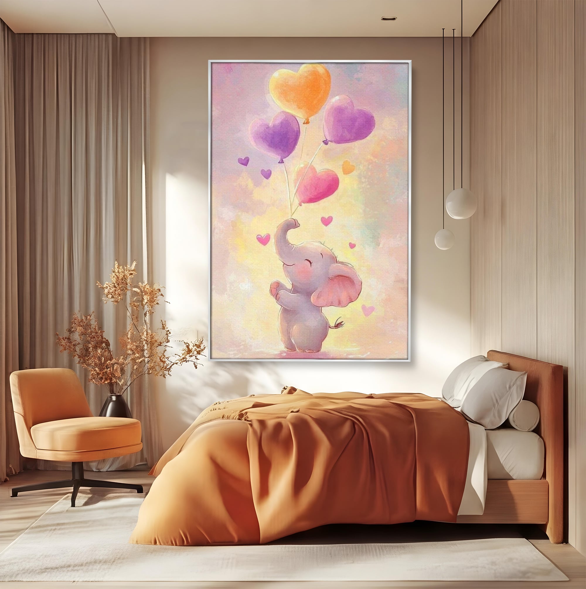 Tablou canvas cu tablou canvas cu pui de elefant, in rama de aluminiu argintiu, pe perete intr-un dormitor