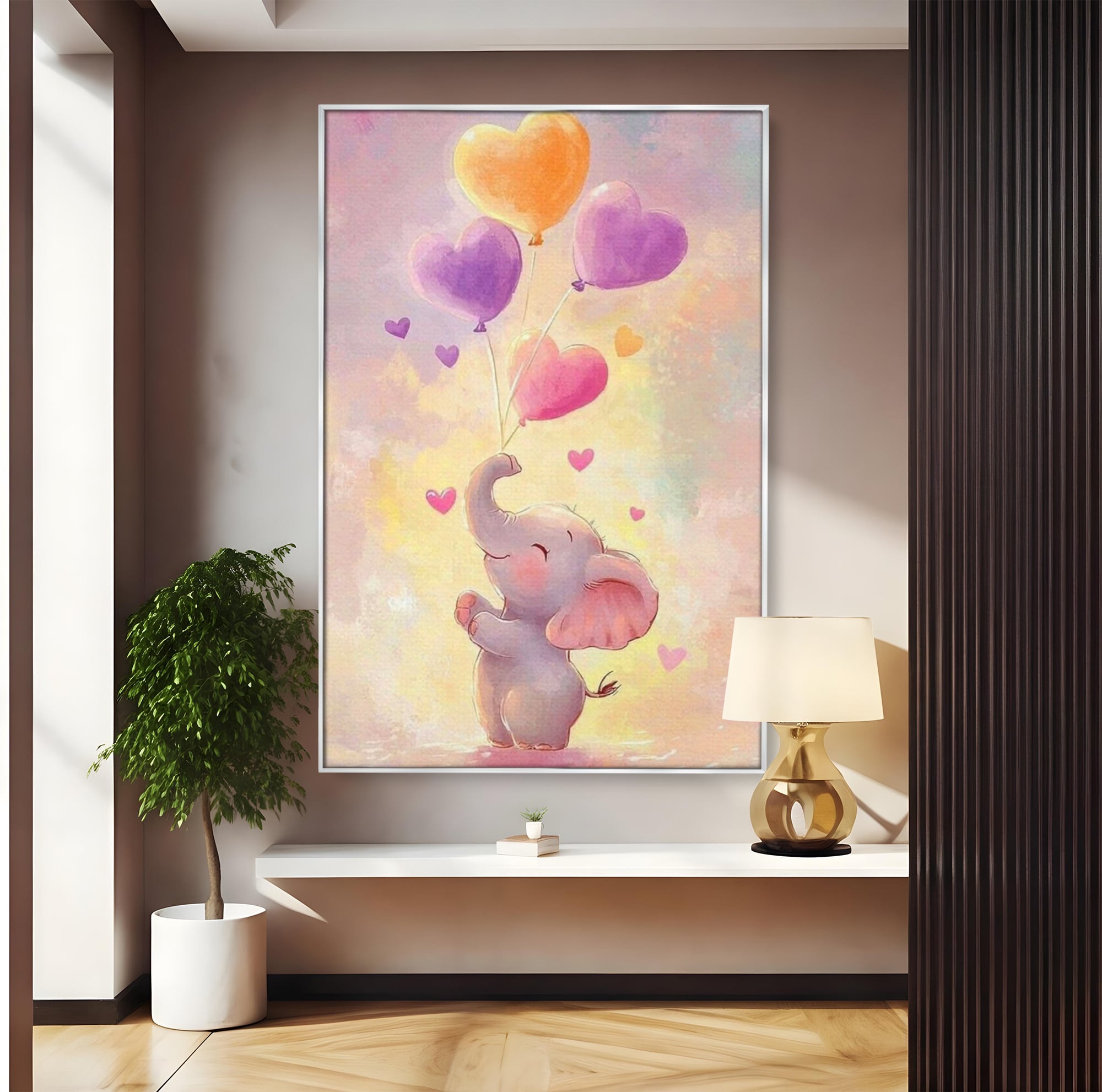 Tablou canvas cu tablou canvas cu pui de elefant, in rama de aluminiu argintiu