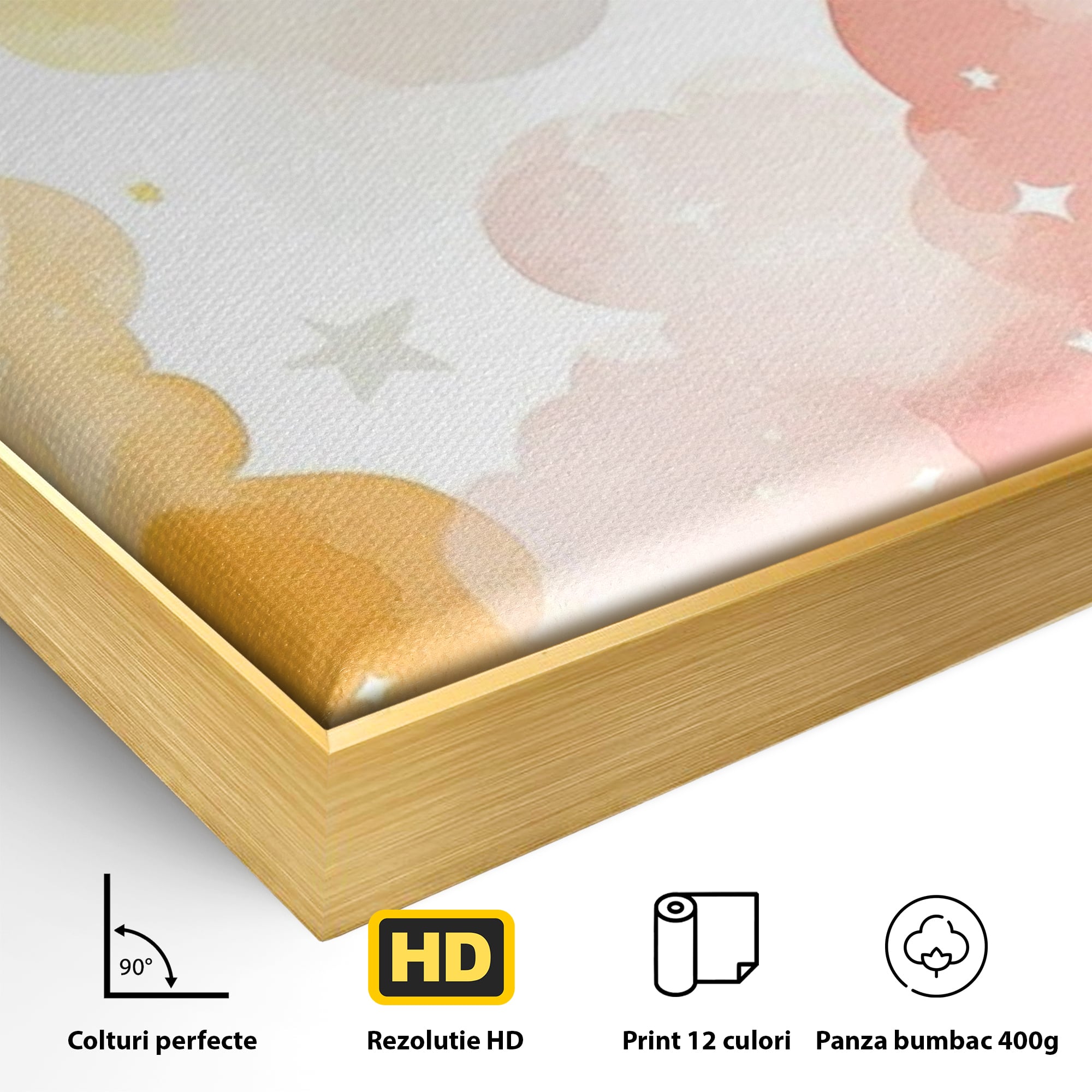 Detaliu al suprafetei: ilustratie canvas cu nori si semiluni, in rama de aluminiu auriu