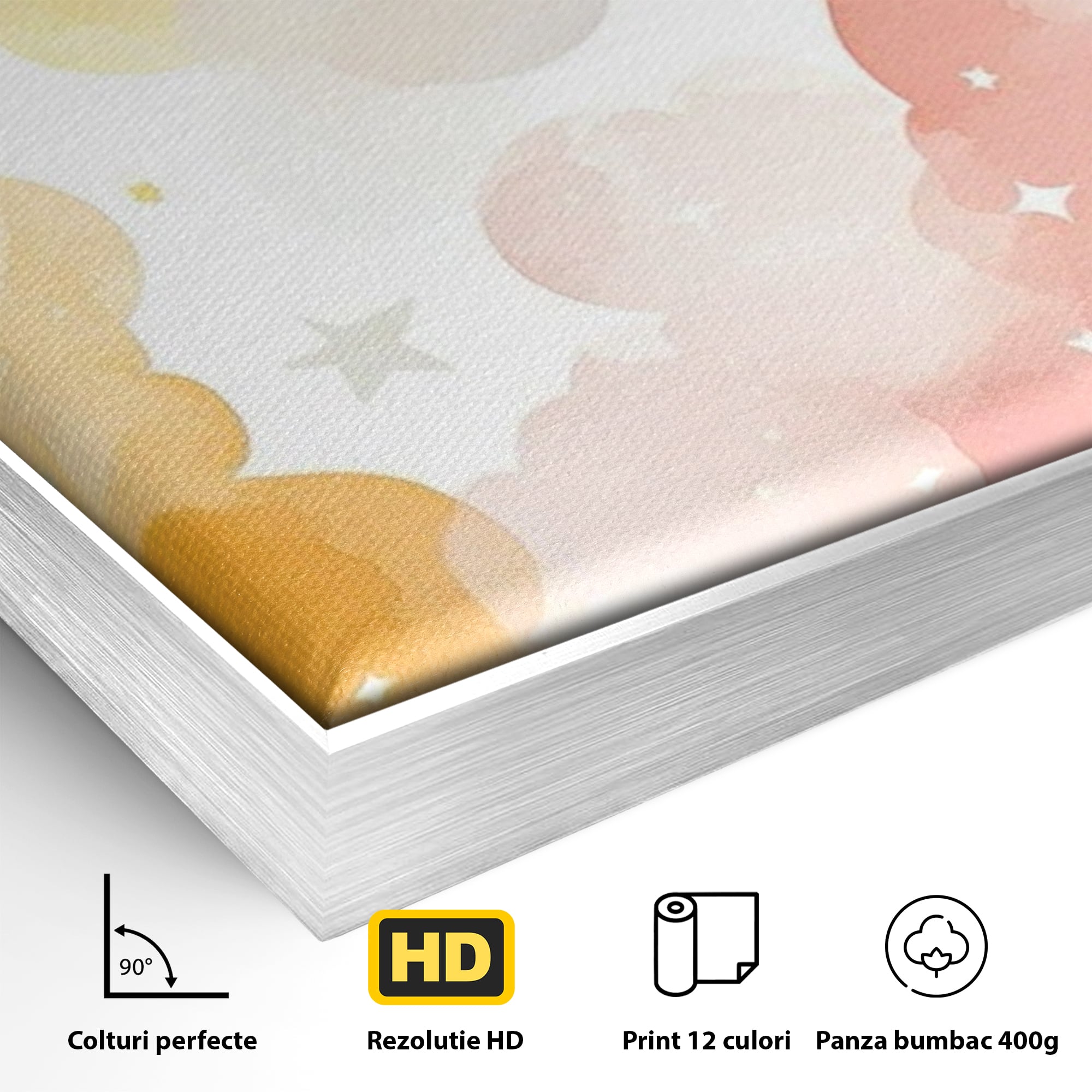 Detaliu al suprafetei: ilustratie canvas cu nori si semiluni, in rama de aluminiu argintiu