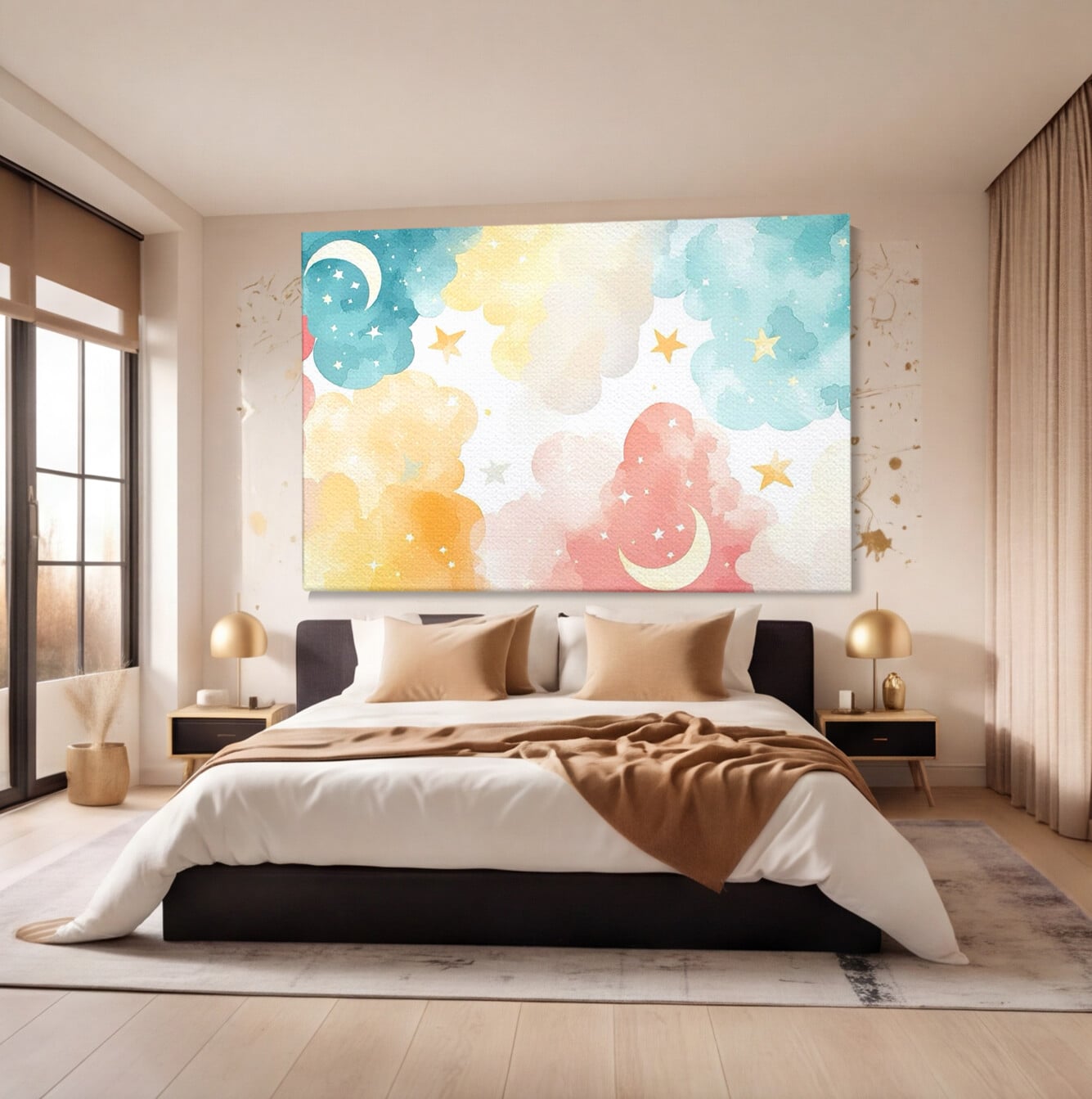 Tablou canvas cu ilustratie canvas cu nori si semiluni, fara rama, pe sasiu de lemn, pe perete intr-un dormitor