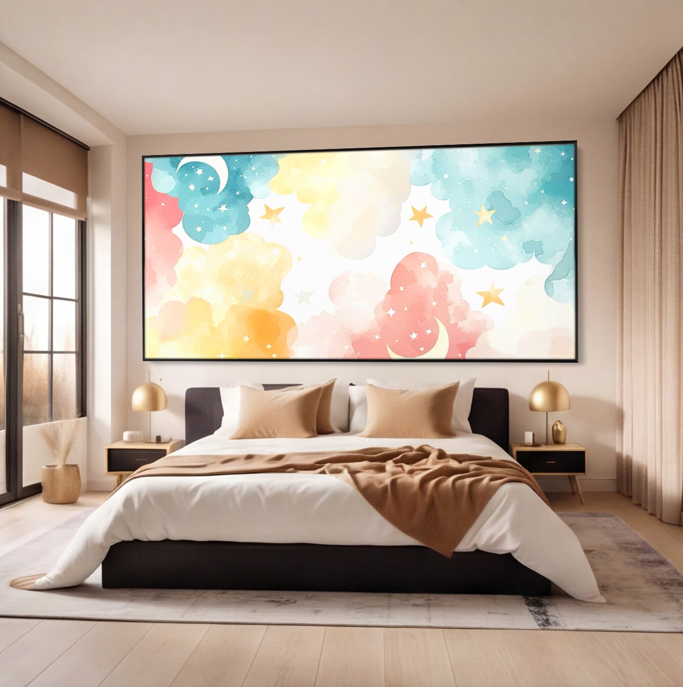Tablou canvas cu ilustratie canvas cu nori si semiluni, in rama de aluminiu negru, pe perete intr-un dormitor