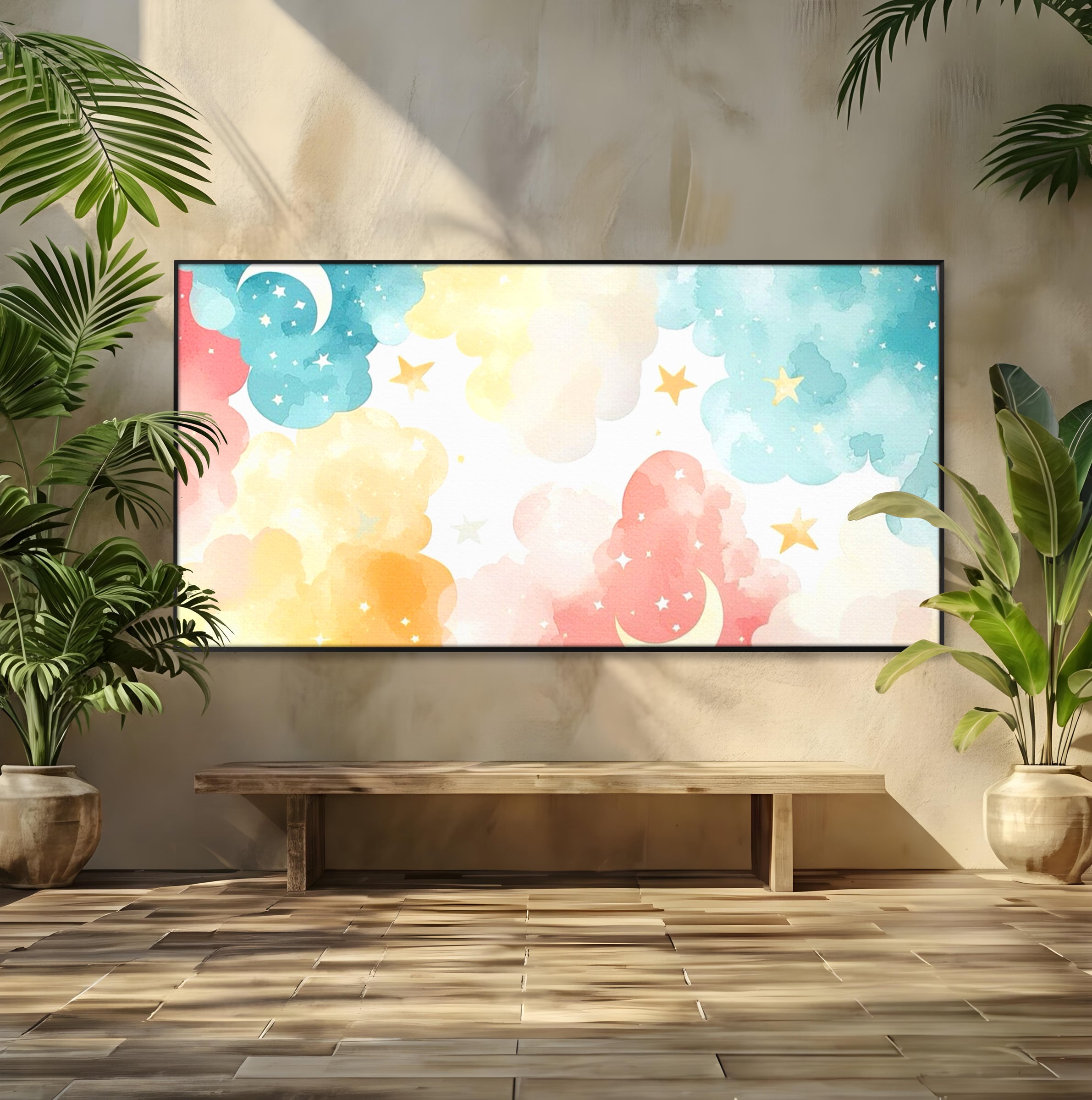 Tablou canvas cu ilustratie canvas cu nori si semiluni, in rama de aluminiu negru