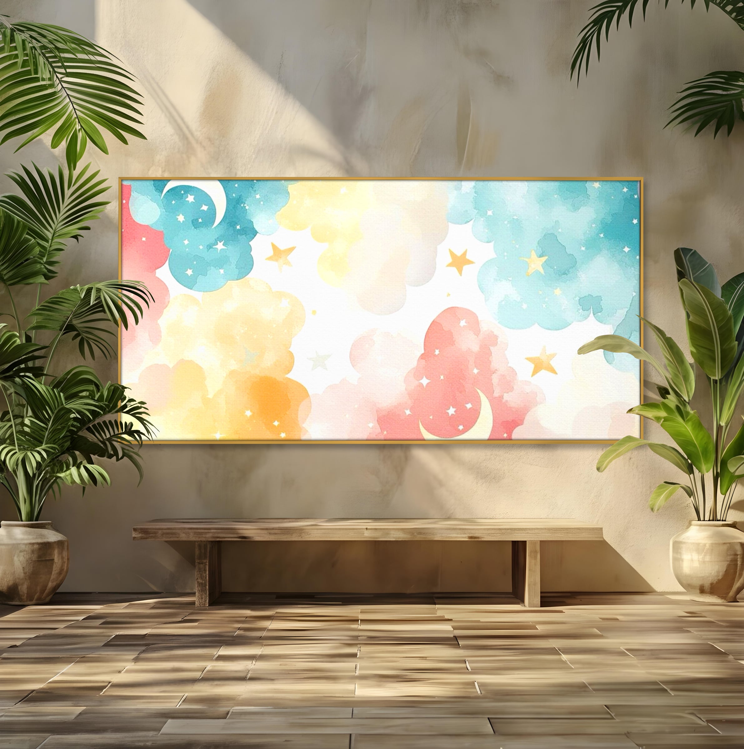 Tablou canvas cu ilustratie canvas cu nori si semiluni, in rama de aluminiu auriu