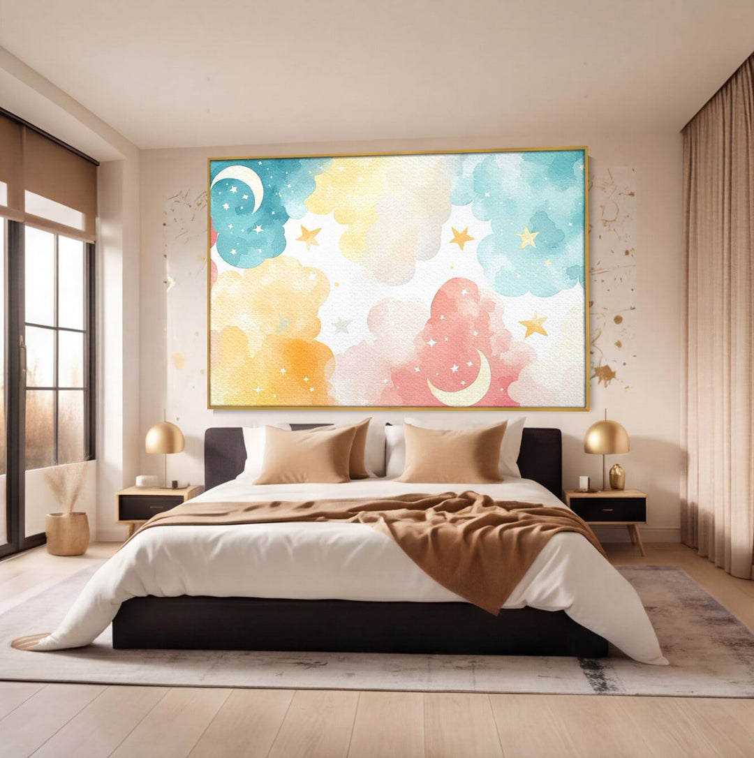 Tablou canvas cu ilustratie canvas cu nori si semiluni, in rama de aluminiu auriu, pe perete intr-un dormitor