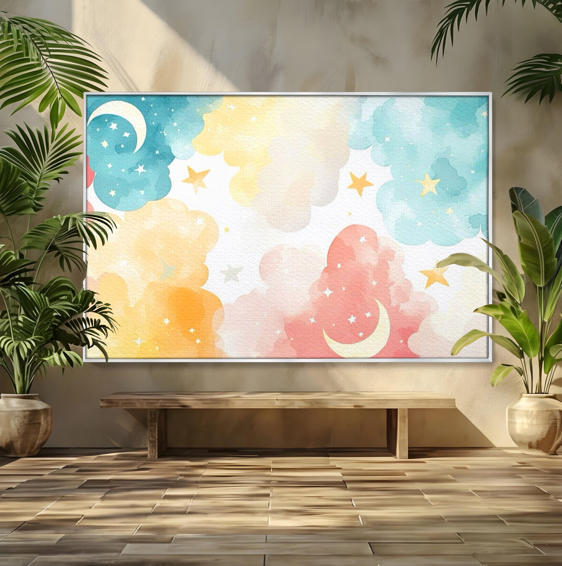 Tablou canvas cu ilustratie canvas cu nori si semiluni, in rama de aluminiu argintiu
