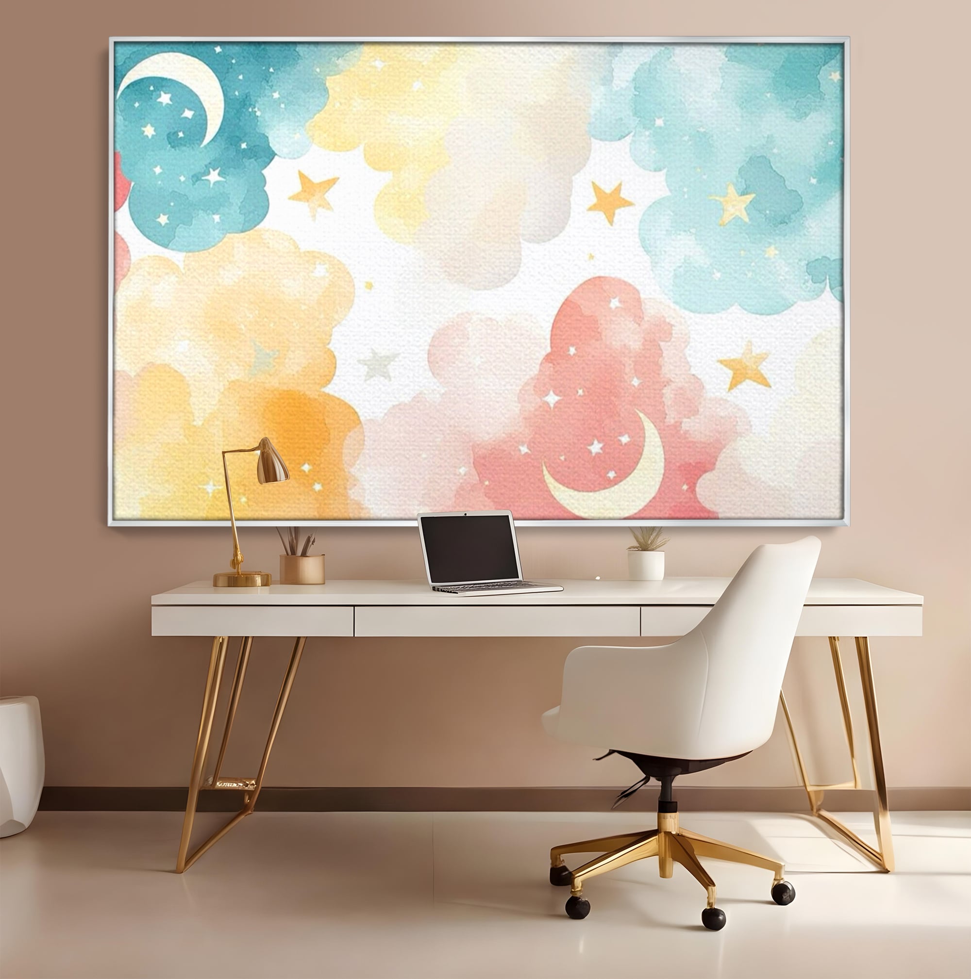 Tablou canvas cu ilustratie canvas cu nori si semiluni, in rama de aluminiu argintiu, pe perete intr-un birou