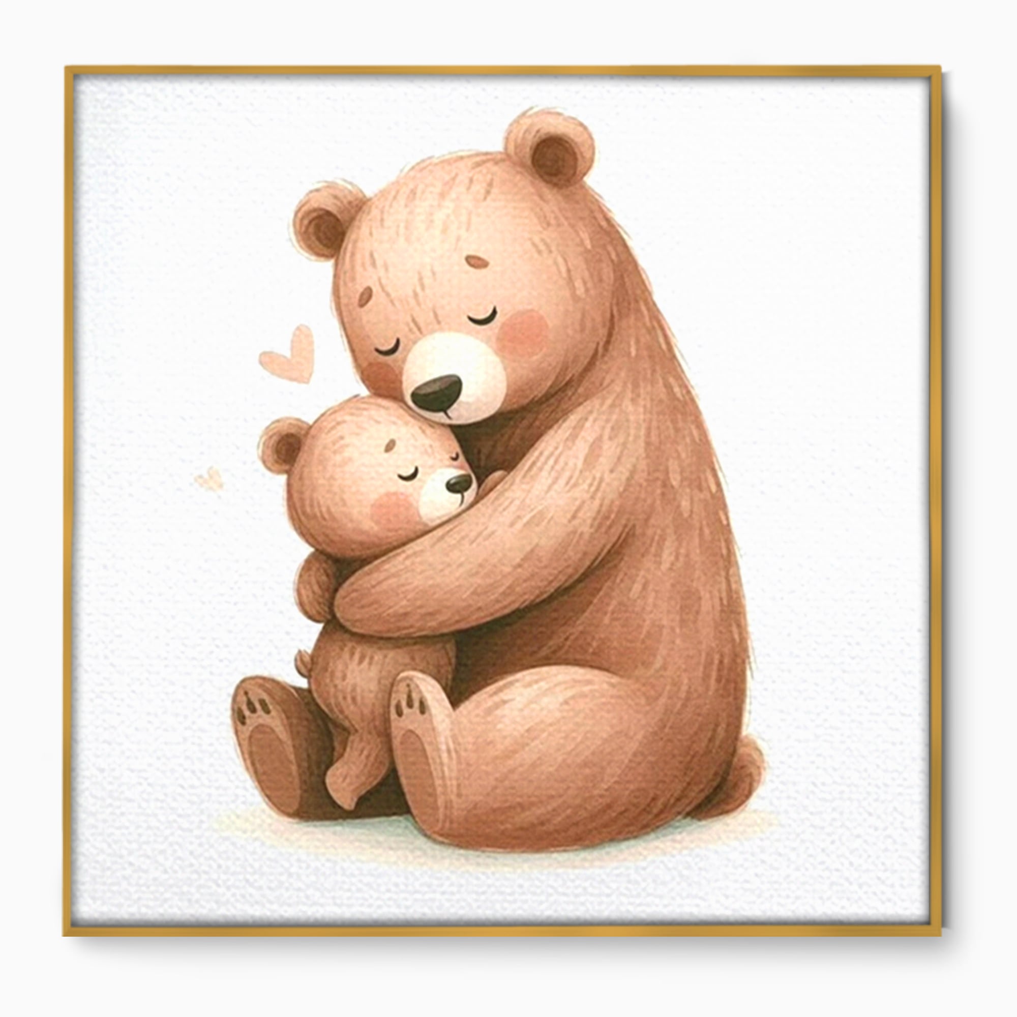 Tablou canvas cu ilustratie cu o ursoaica si puiul ei, in rama de aluminiu auriu