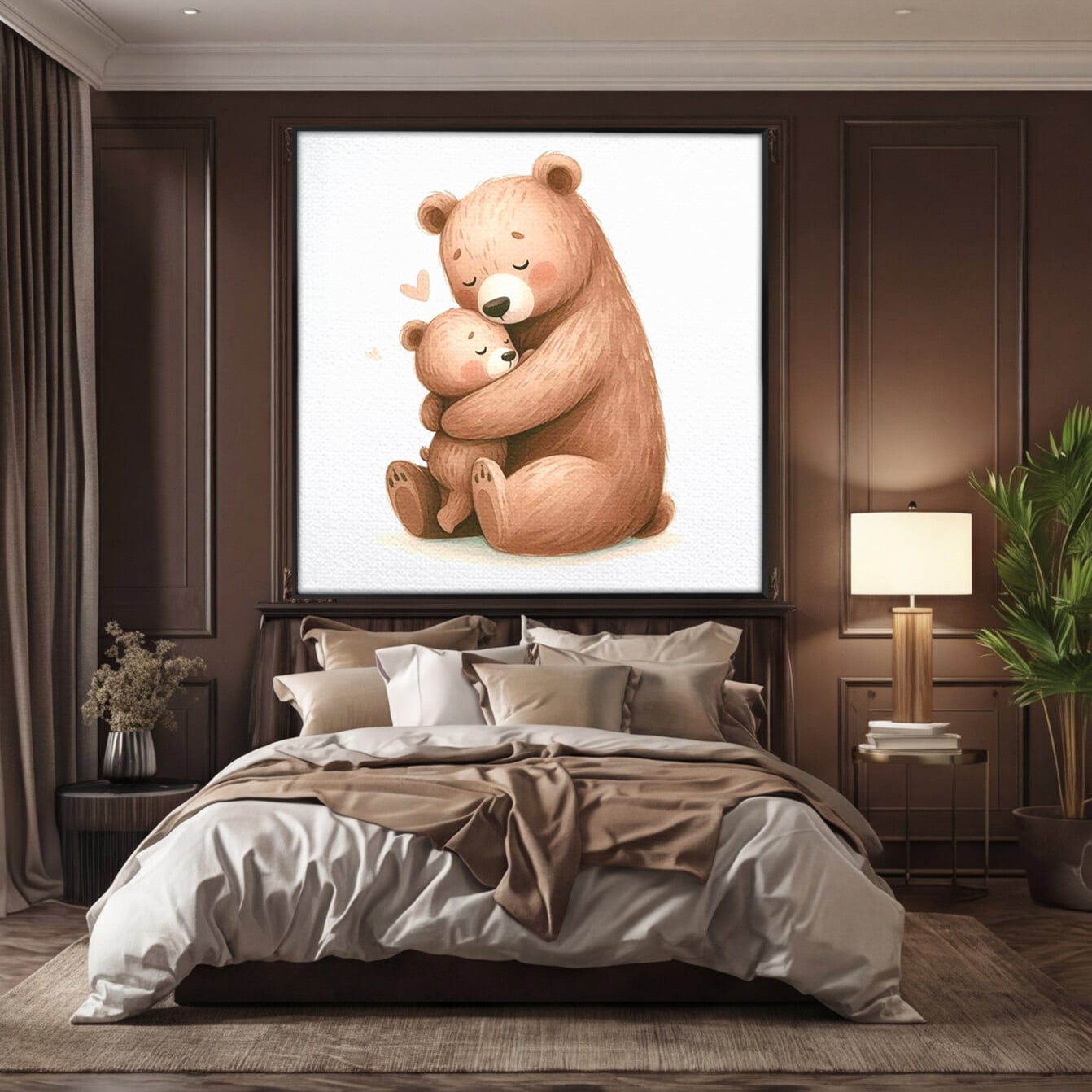 Tablou canvas cu ilustratie cu o ursoaica si puiul ei, in rama de aluminiu negru, pe perete intr-un dormitor