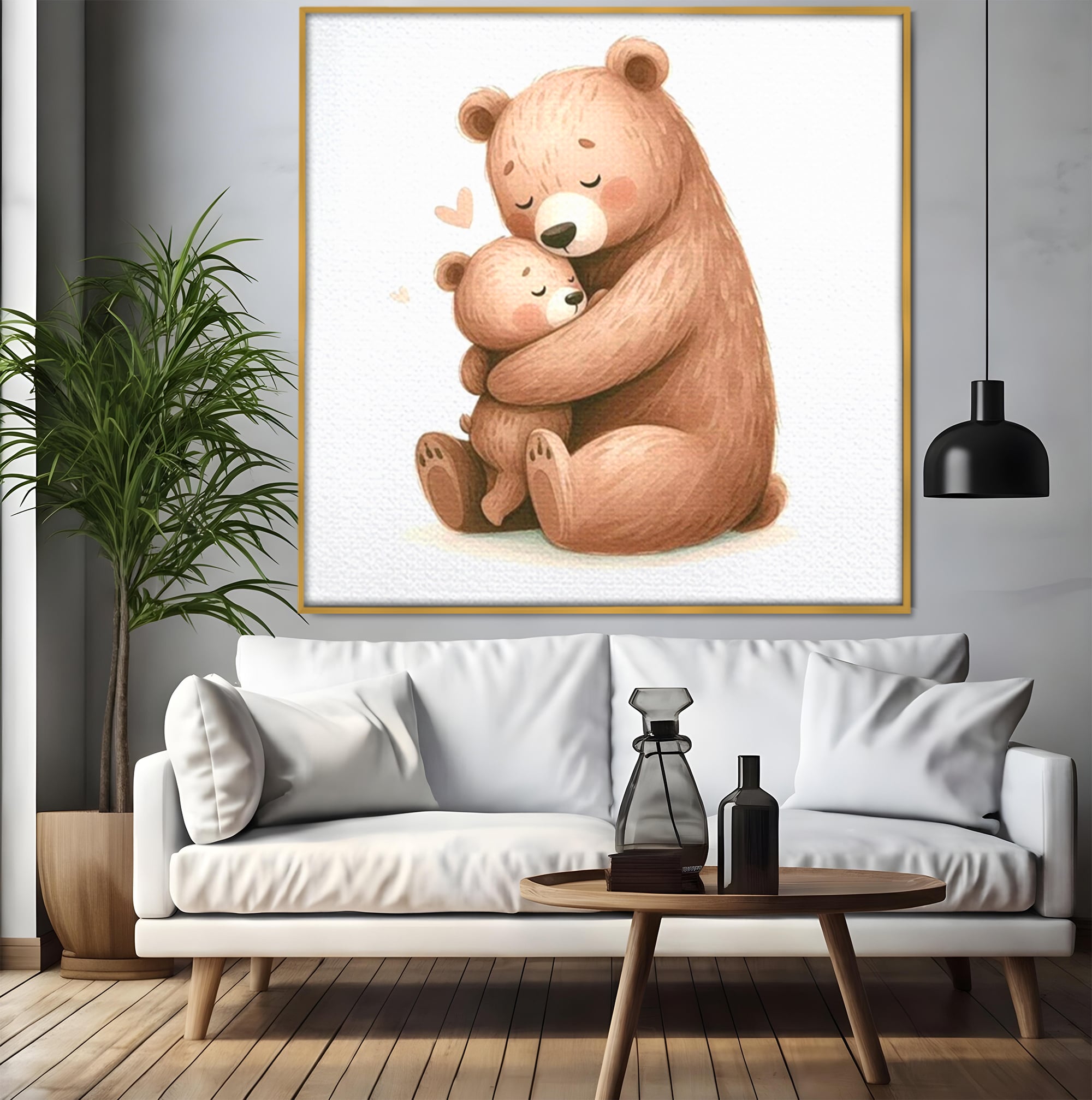 Tablou canvas cu ilustratie cu o ursoaica si puiul ei, in rama de aluminiu auriu, pe perete intr-un living