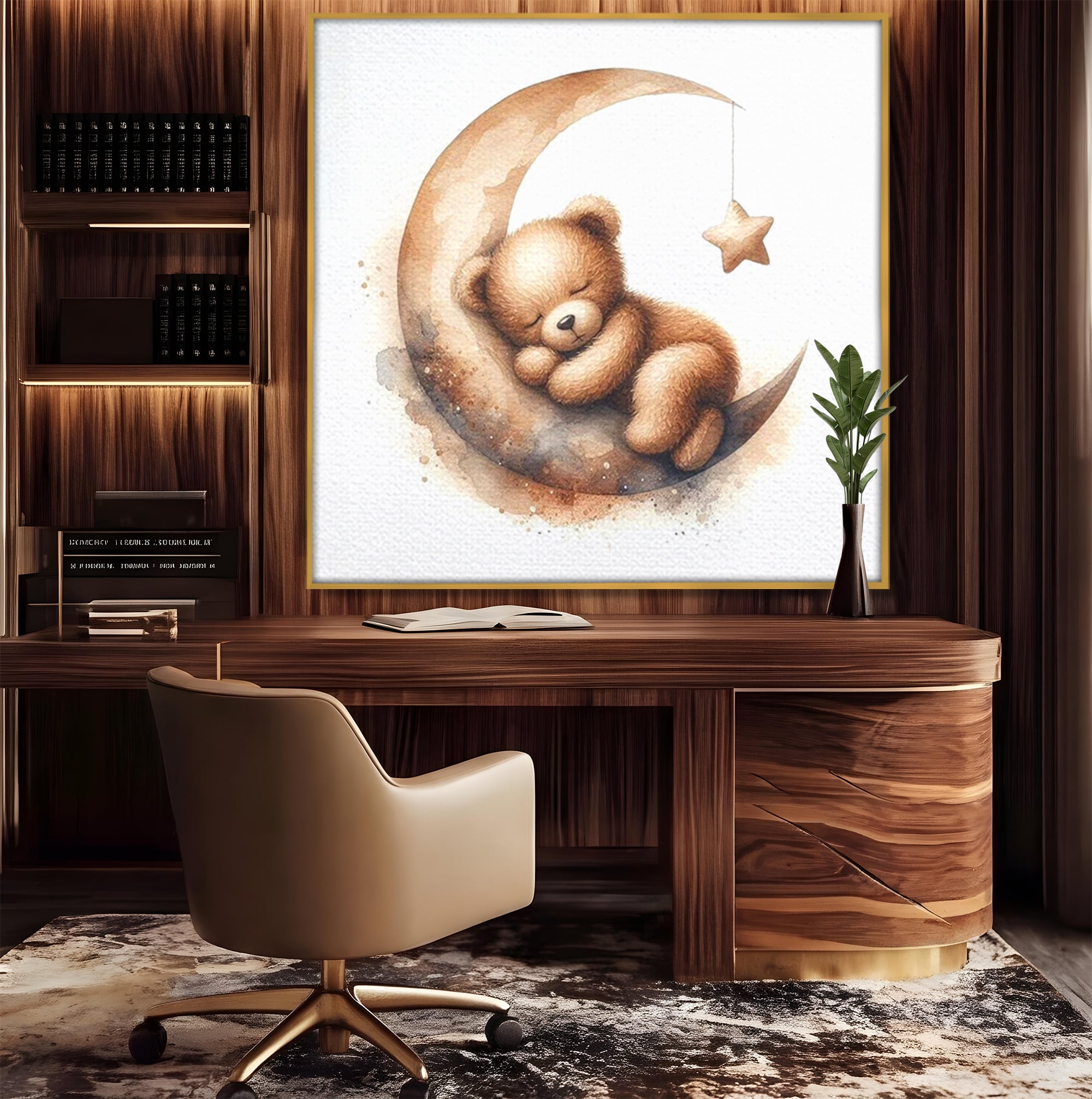 Tablou canvas cu ursulet pufos dormind pe semiluna, in rama de aluminiu auriu, pe perete intr-un birou