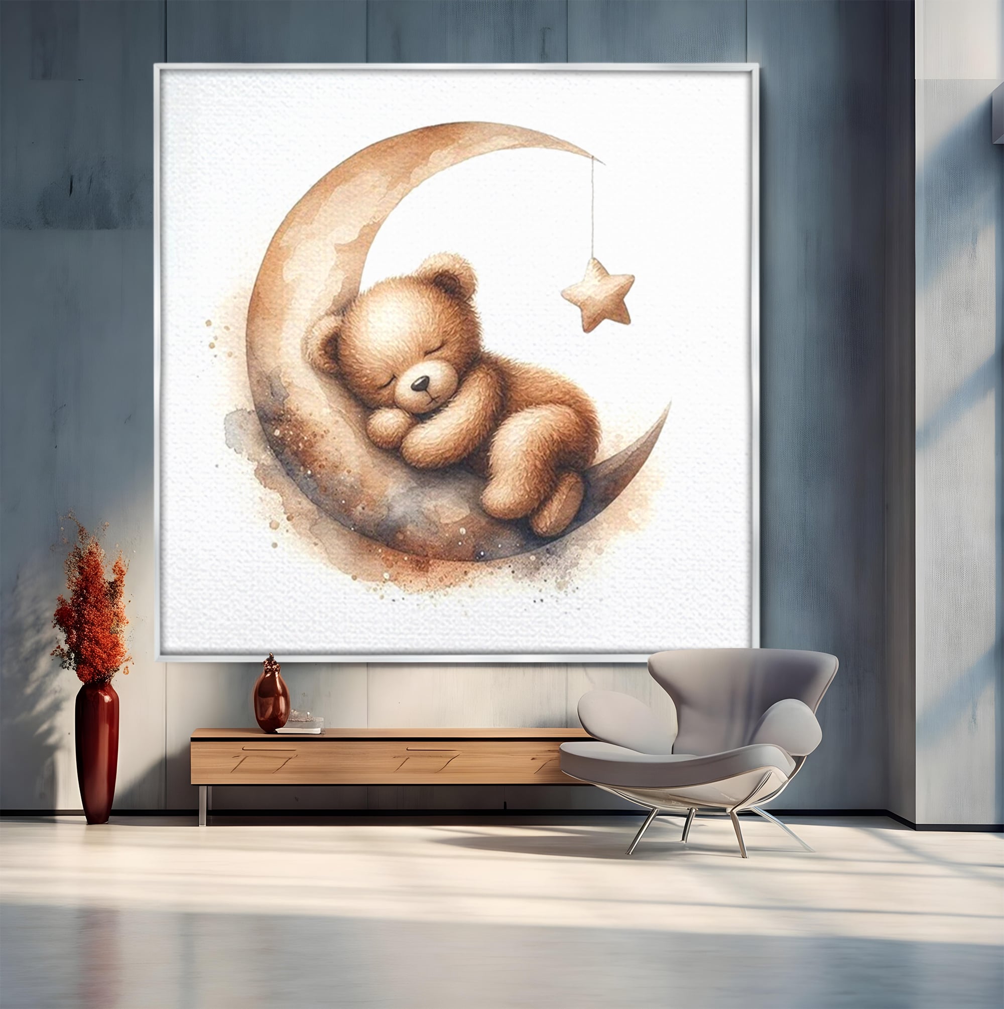 Tablou canvas cu ursulet pufos dormind pe semiluna, in rama de aluminiu argintiu
