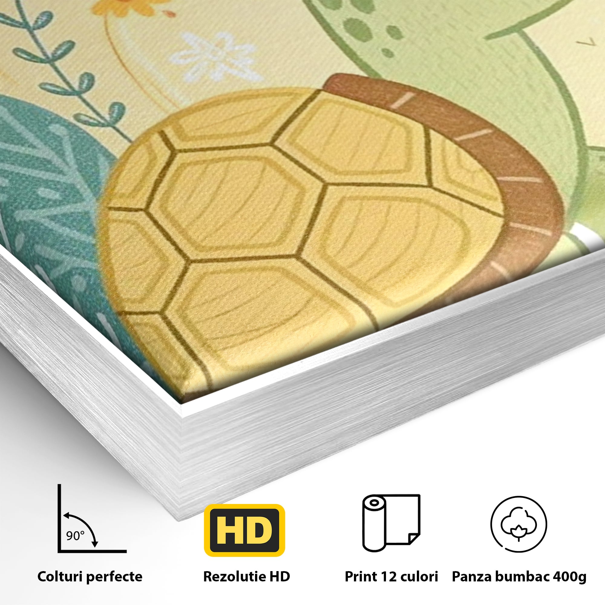 Detaliu al suprafetei: ilustratie cu testoasa vesela printre flori, in rama de aluminiu argintiu
