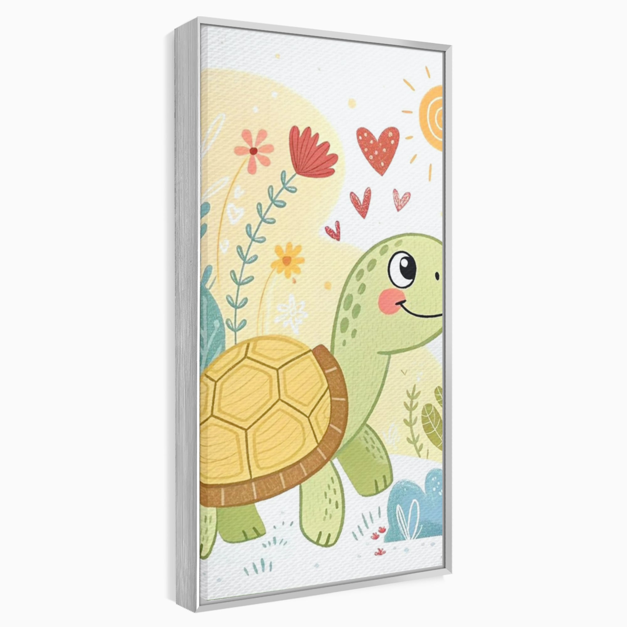 Tablou canvas cu ilustratie cu testoasa vesela printre flori, in rama de aluminiu argintiu