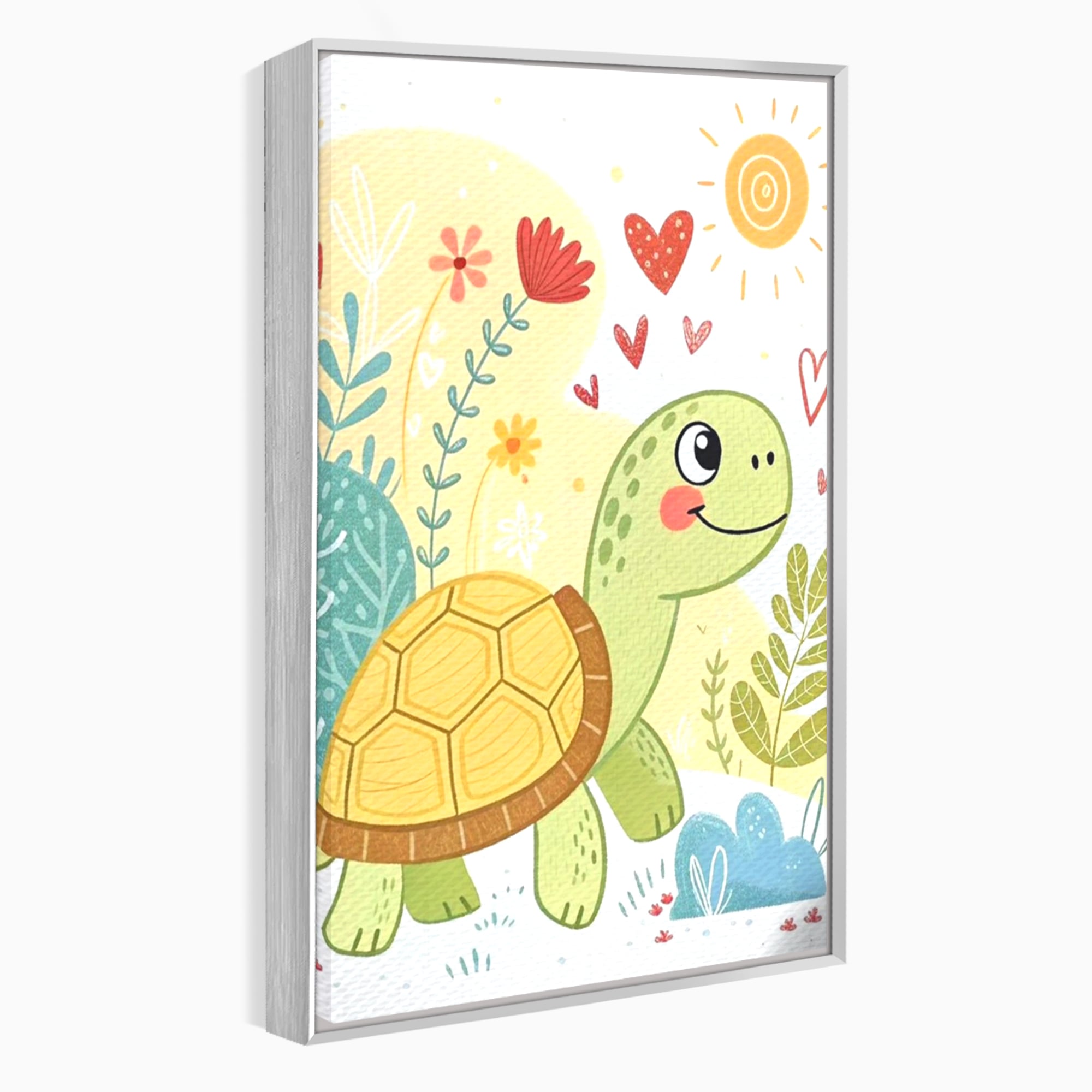 Tablou canvas cu ilustratie cu testoasa vesela printre flori, in rama de aluminiu argintiu
